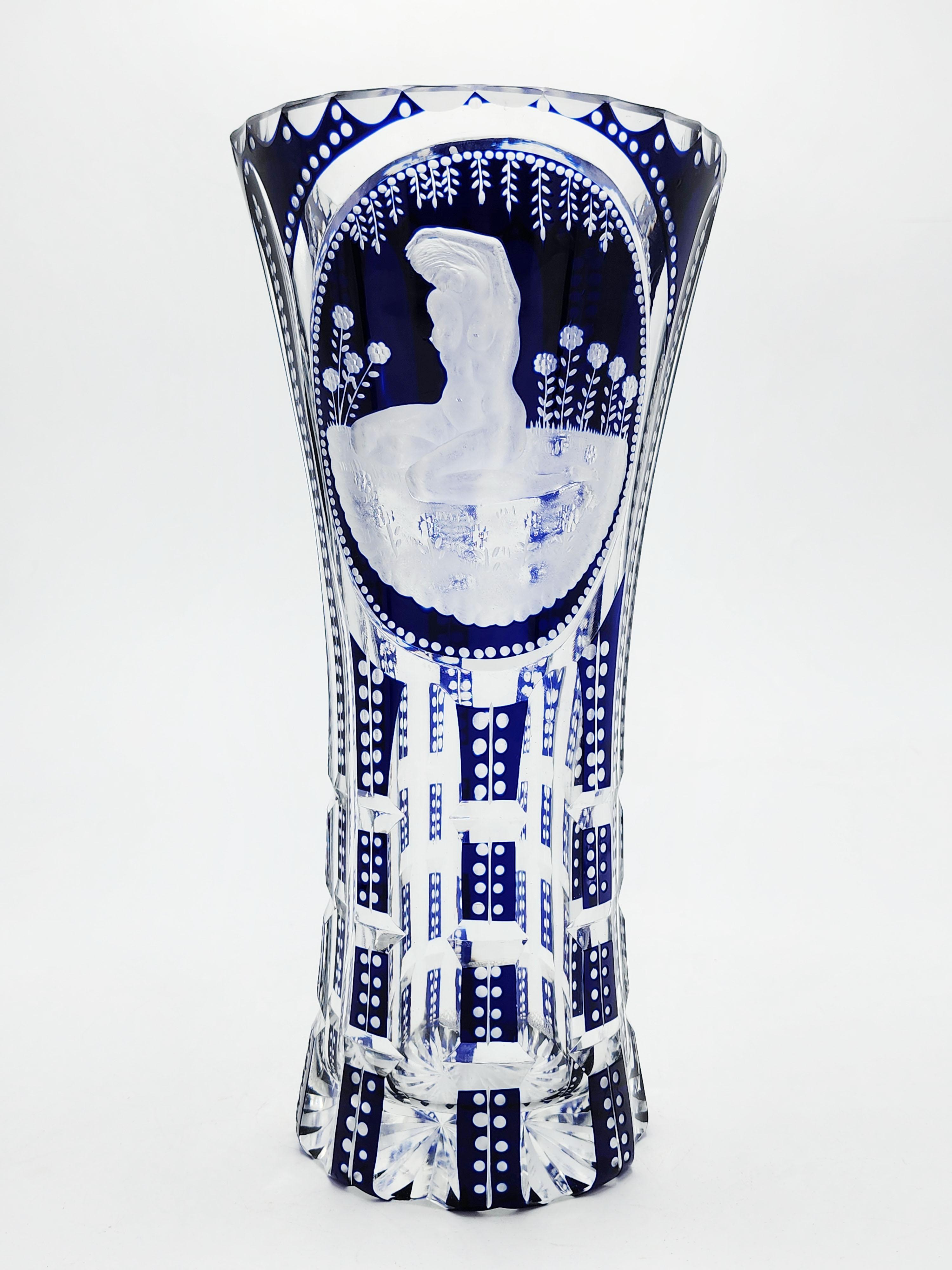 Czech Bohemian Carved Glass Vase in Cobalt Blue For Sale