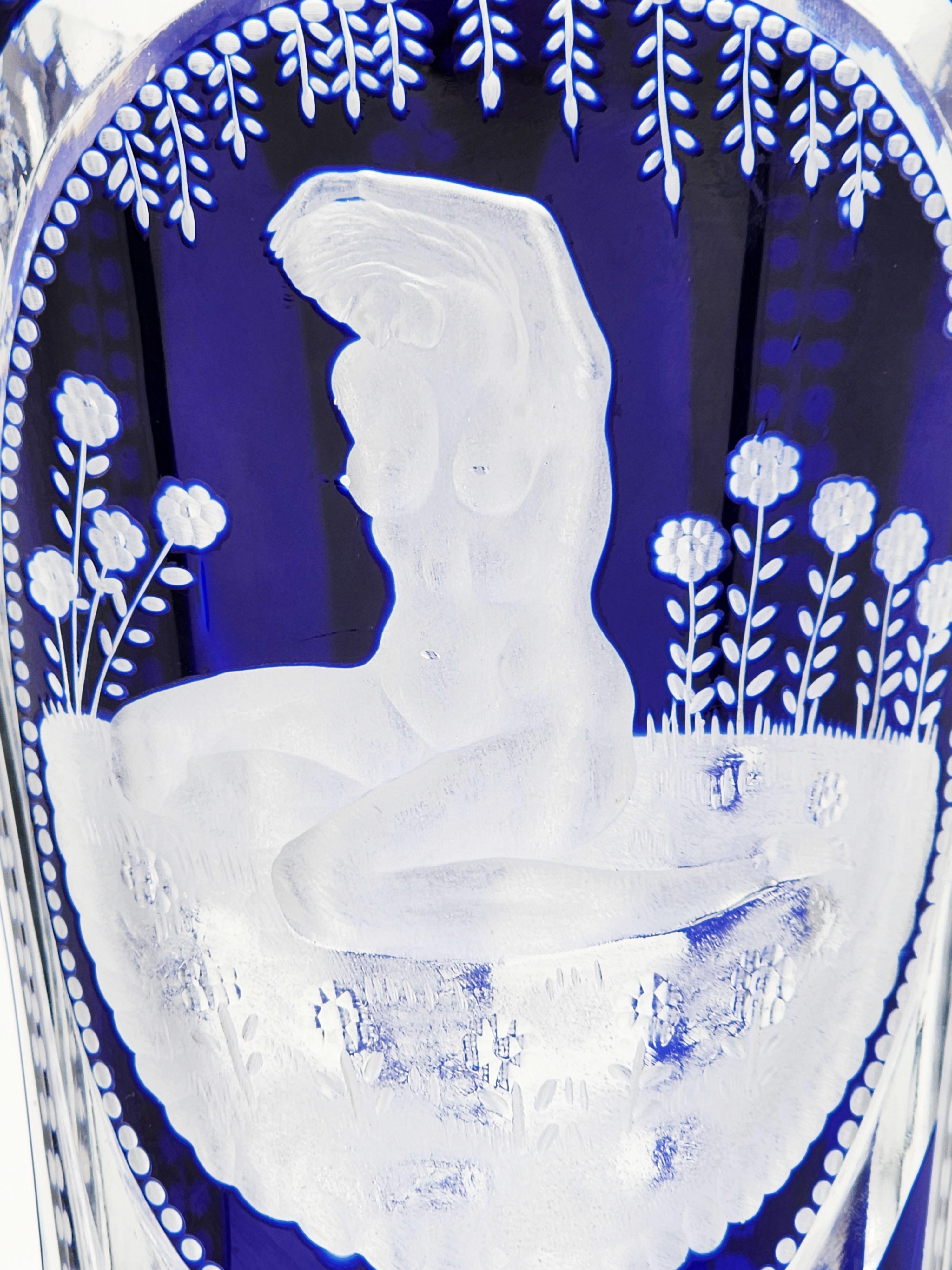 Hand-Carved Bohemian Carved Glass Vase in Cobalt Blue For Sale