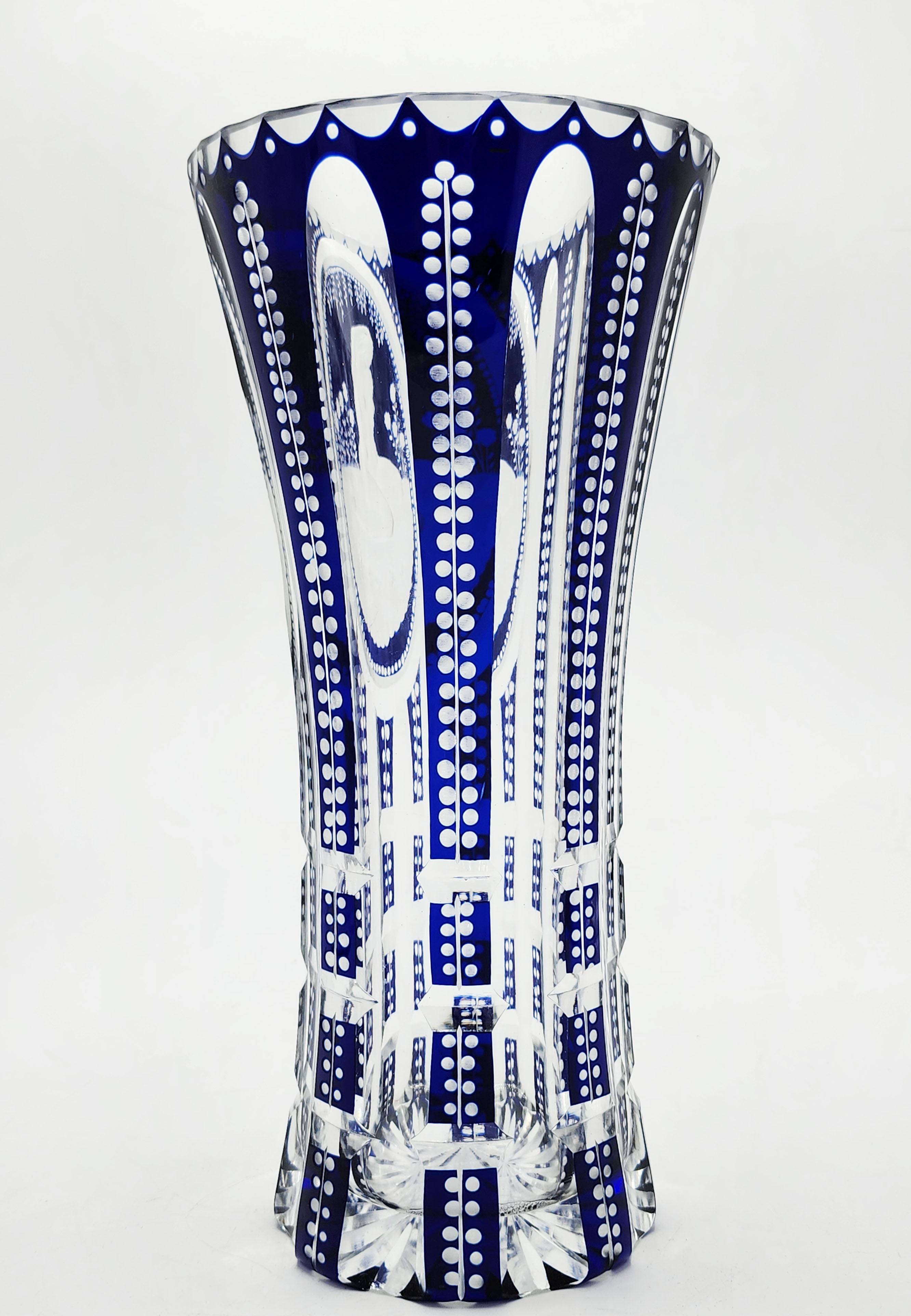 20th Century Bohemian Carved Glass Vase in Cobalt Blue For Sale
