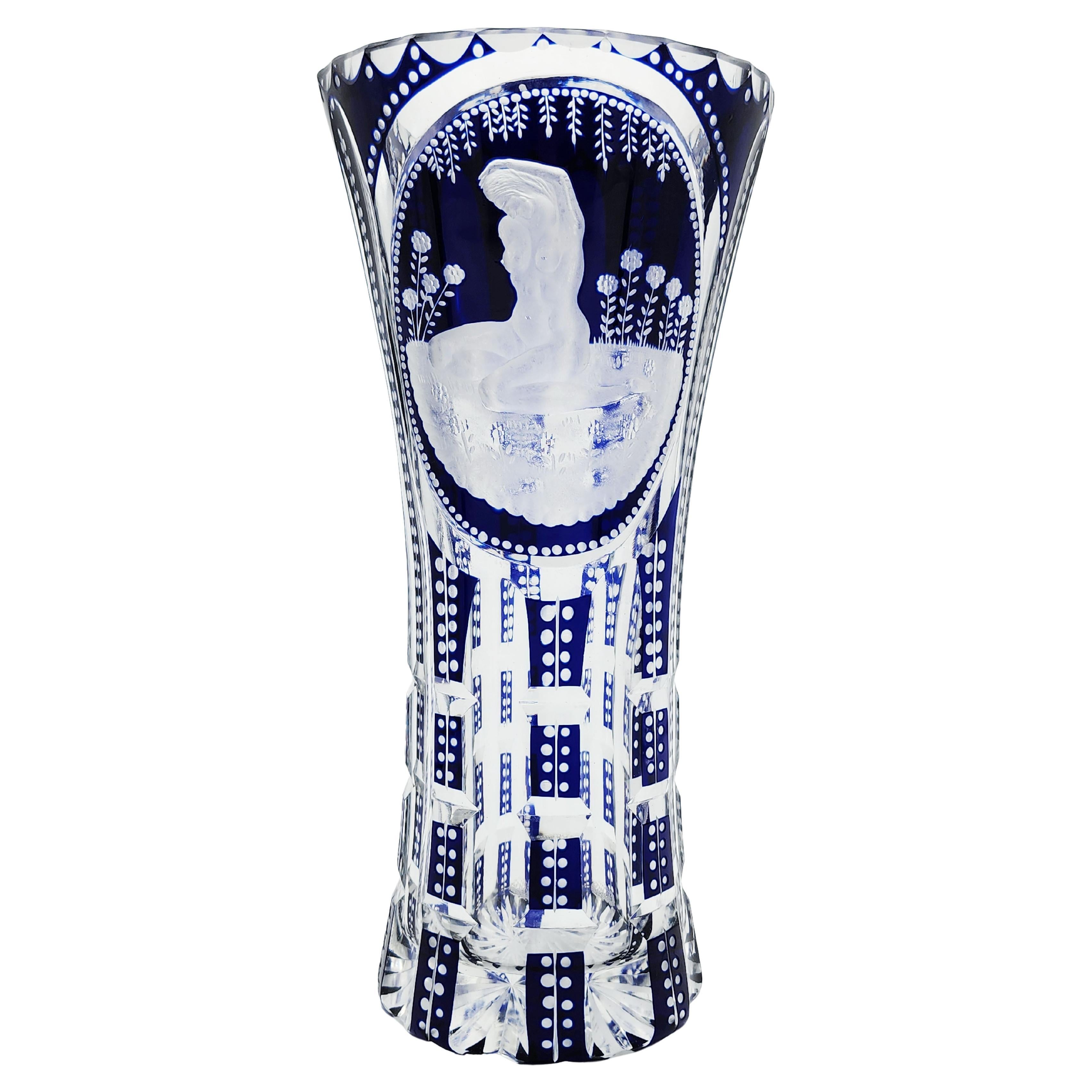 Bohemian Carved Glass Vase in Cobalt Blue