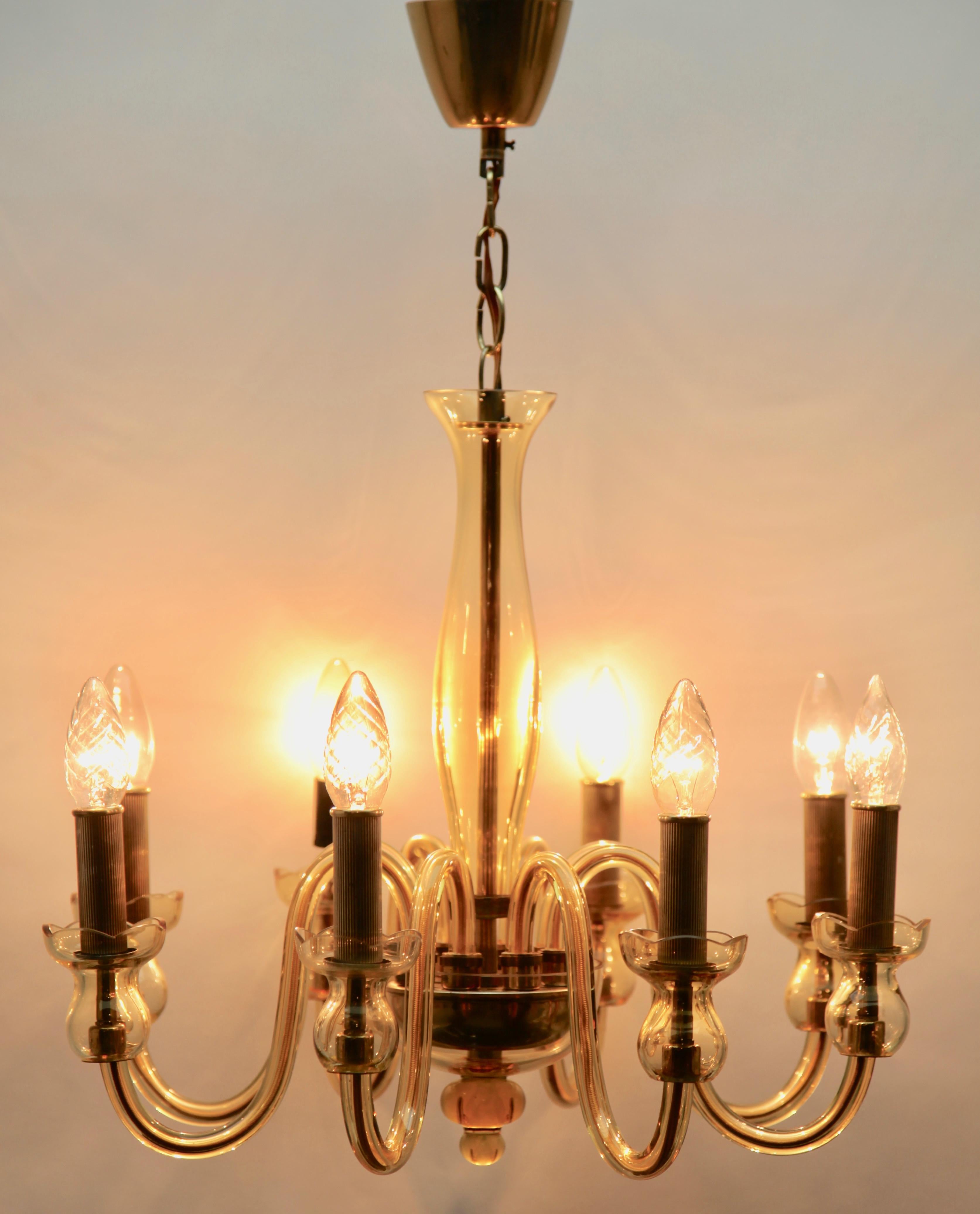 Mid-20th Century Bohemian Chandelier Handcrafted Amber Crystal Murano, 8 Light Arms