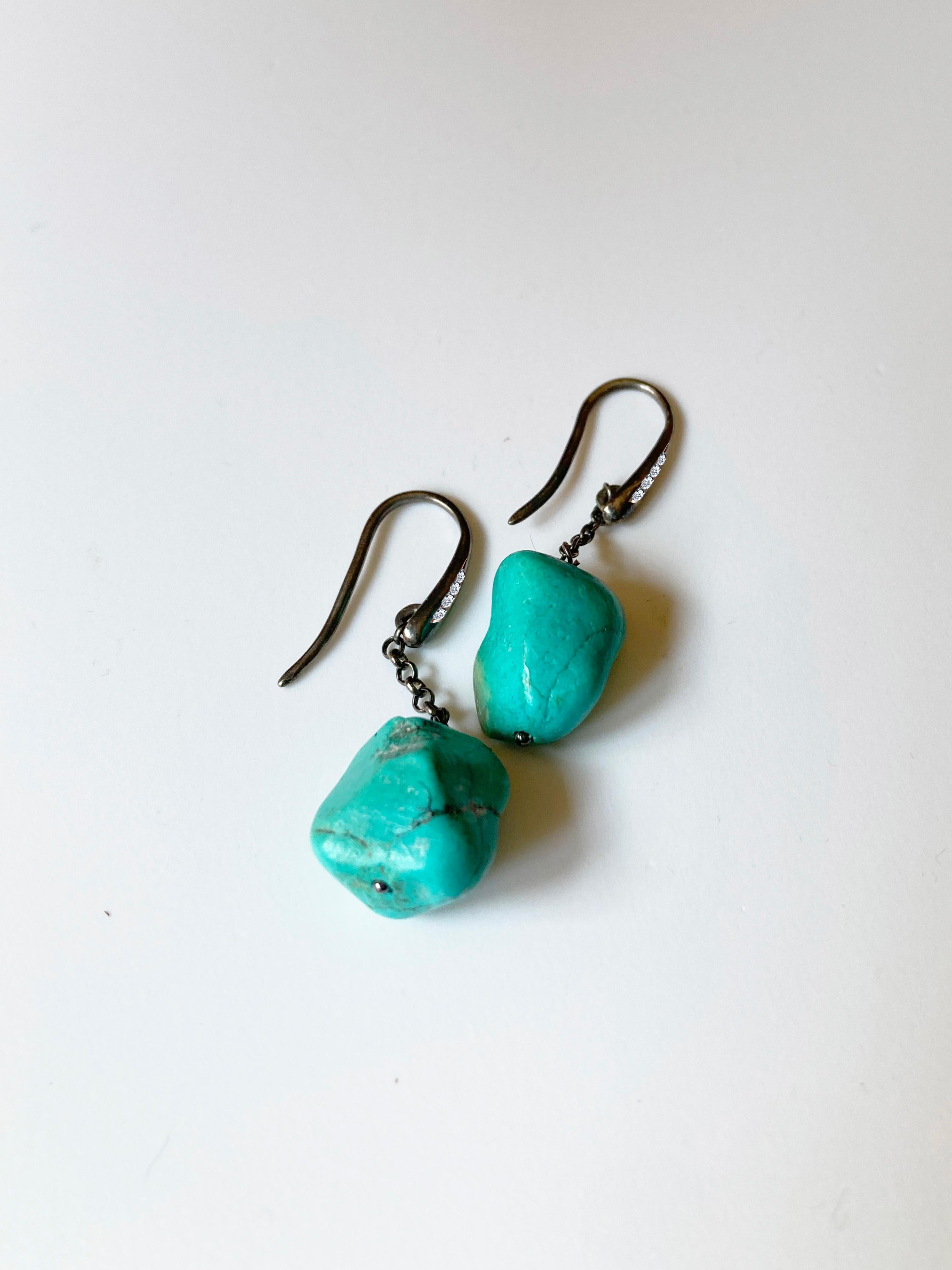 Bead Bohemian Charm Handcrafted Turquoise and Gray Diamond Earrings For Sale