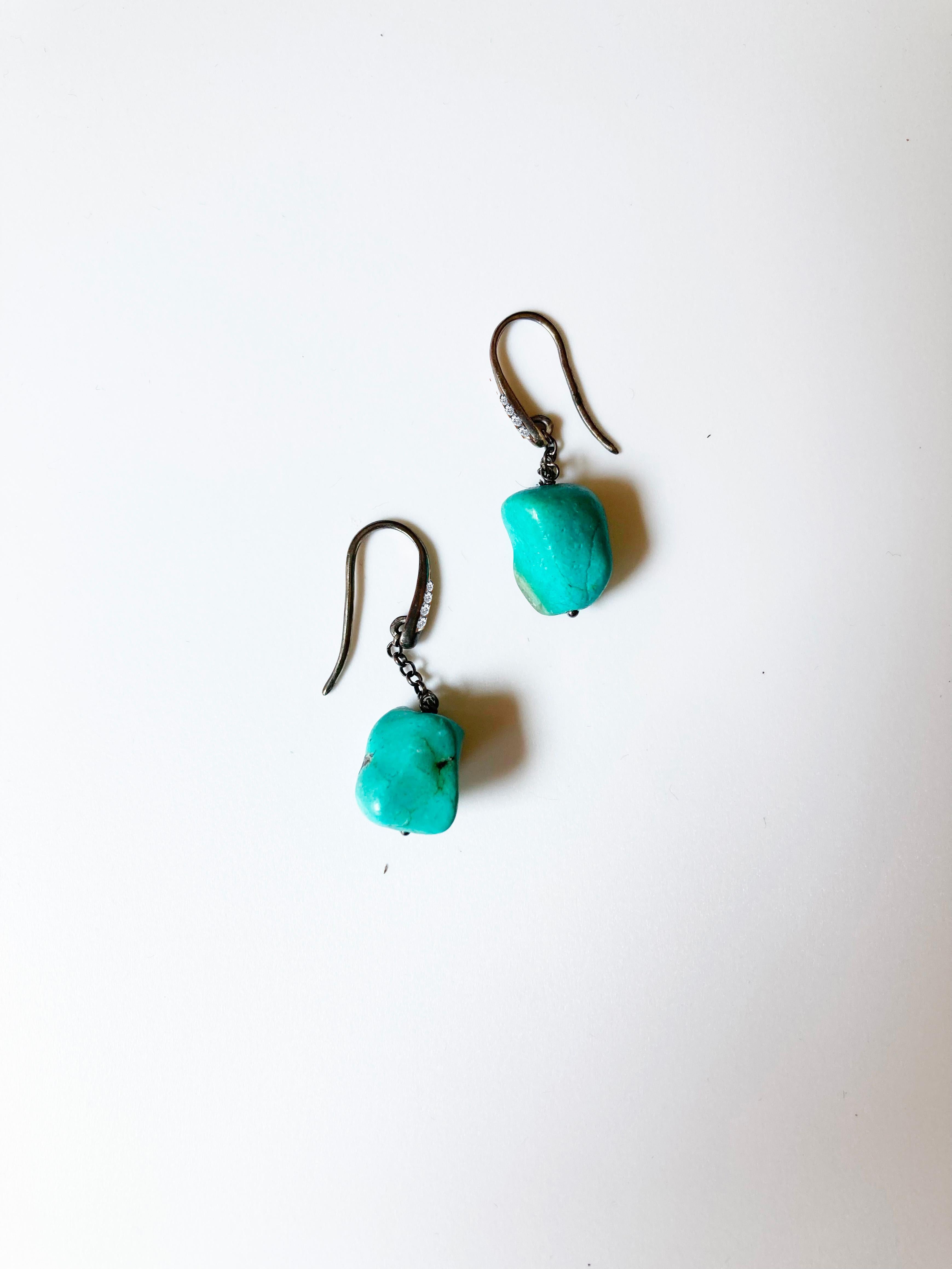 Women's or Men's Bohemian Charm Handcrafted Turquoise and Gray Diamond Earrings For Sale