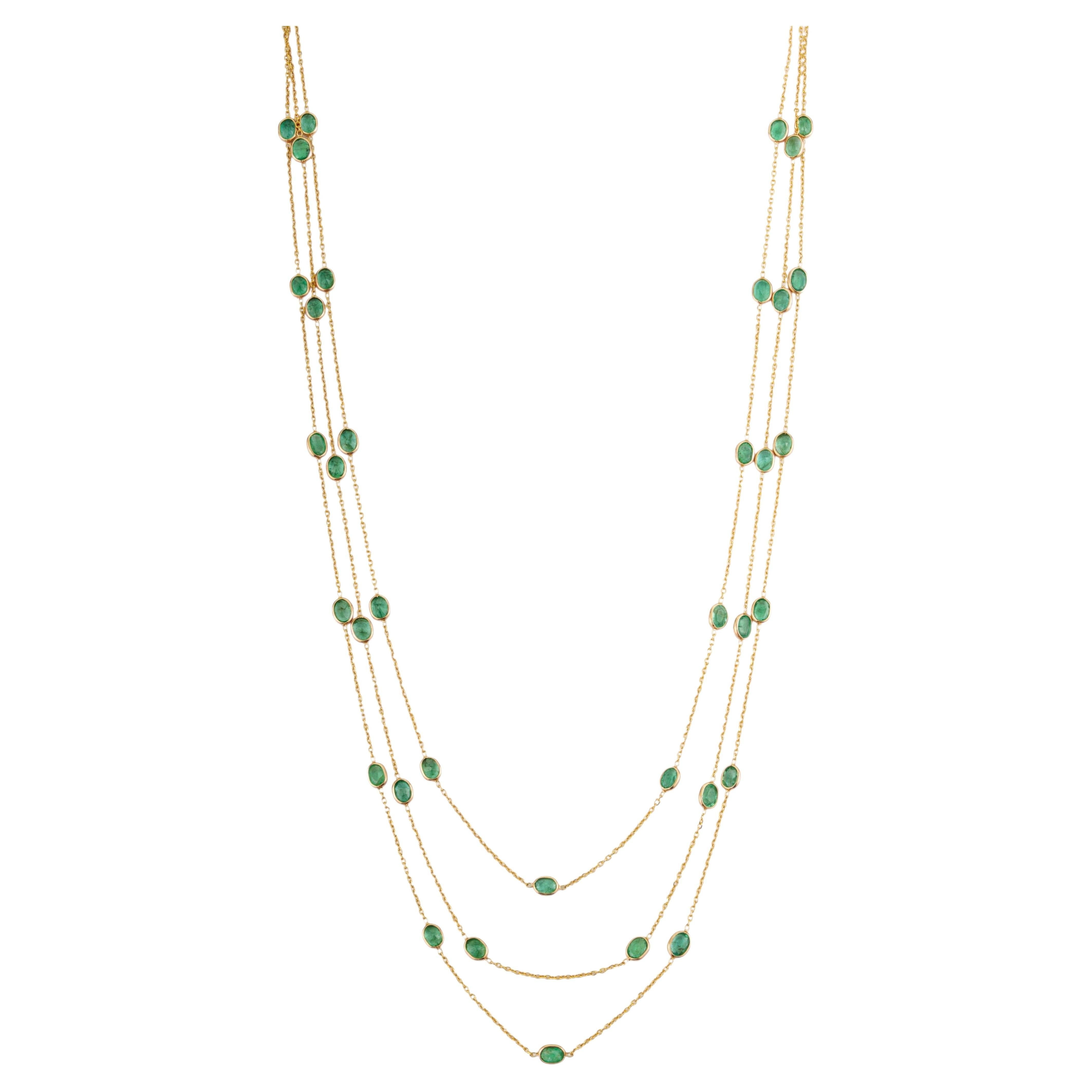 Bohemian Chic 5.15ct Emerald Station Multi-Strand Necklace in 14K Yellow Gold