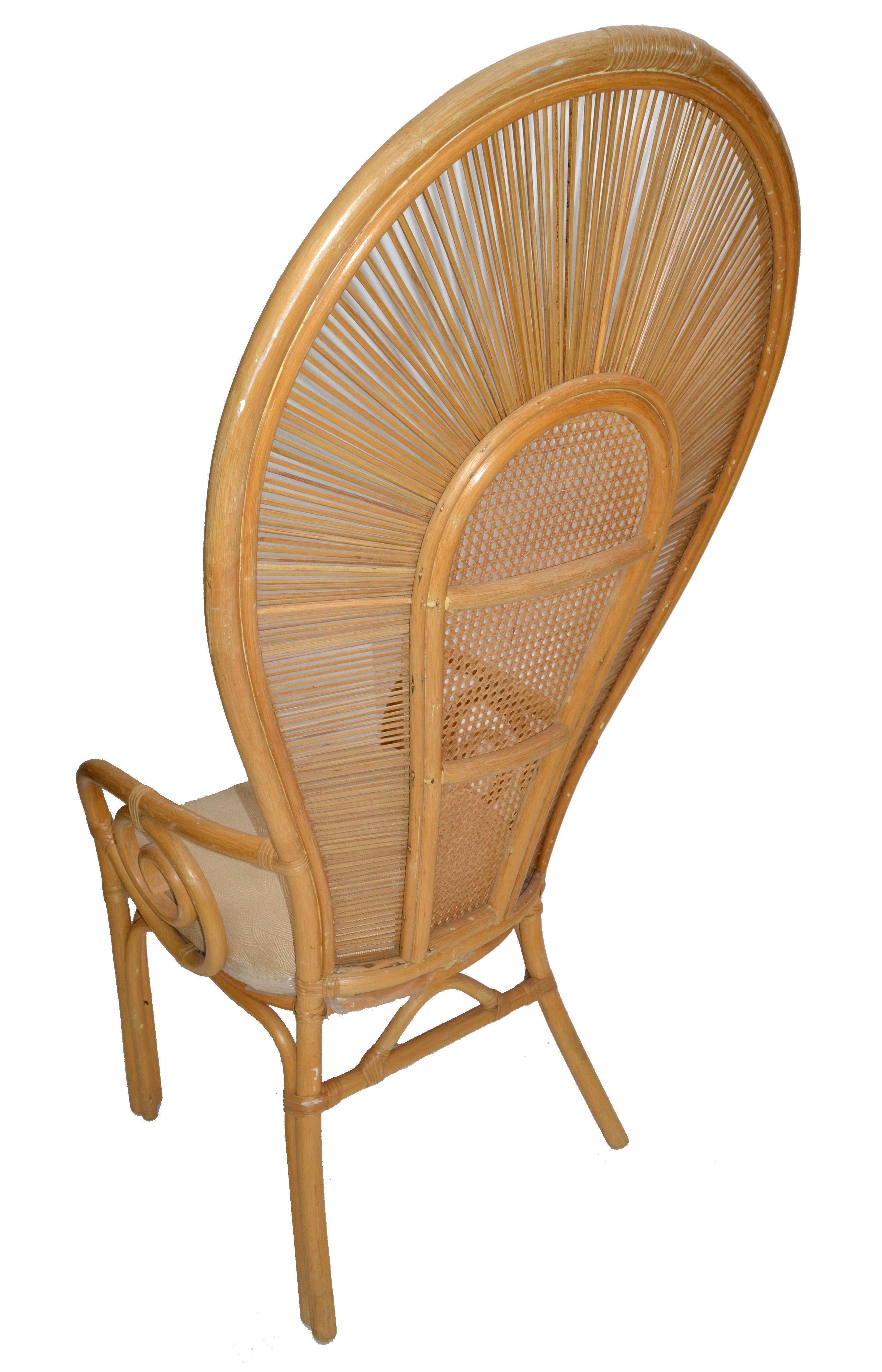 Bohemian Chic Cane, Rattan, Bamboo & Fabric Seat Peacock High Back Chair 1980s 1