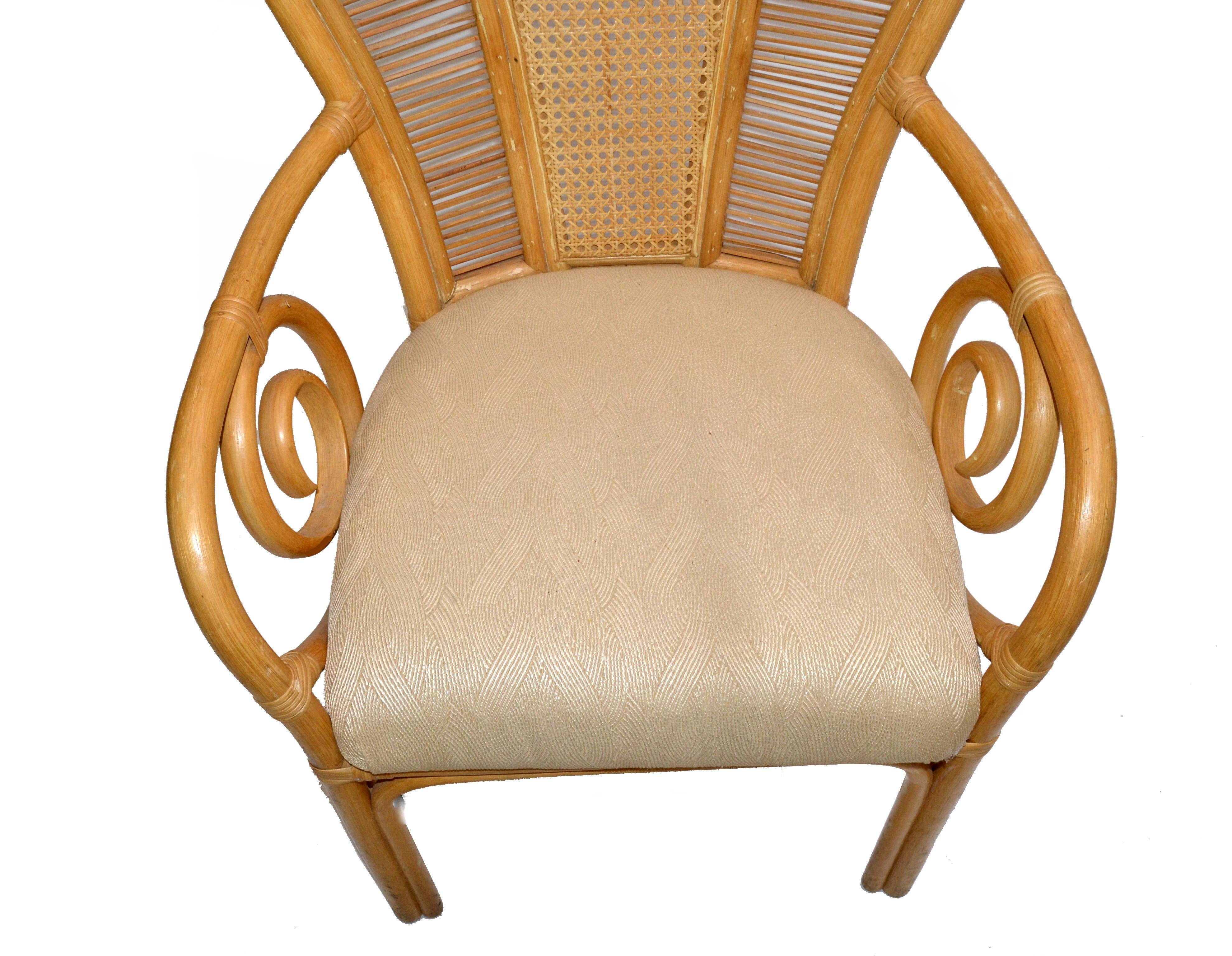 Hand-Crafted Bohemian Chic Cane, Rattan, Bamboo & Fabric Seat Peacock High Back Chair 1980s