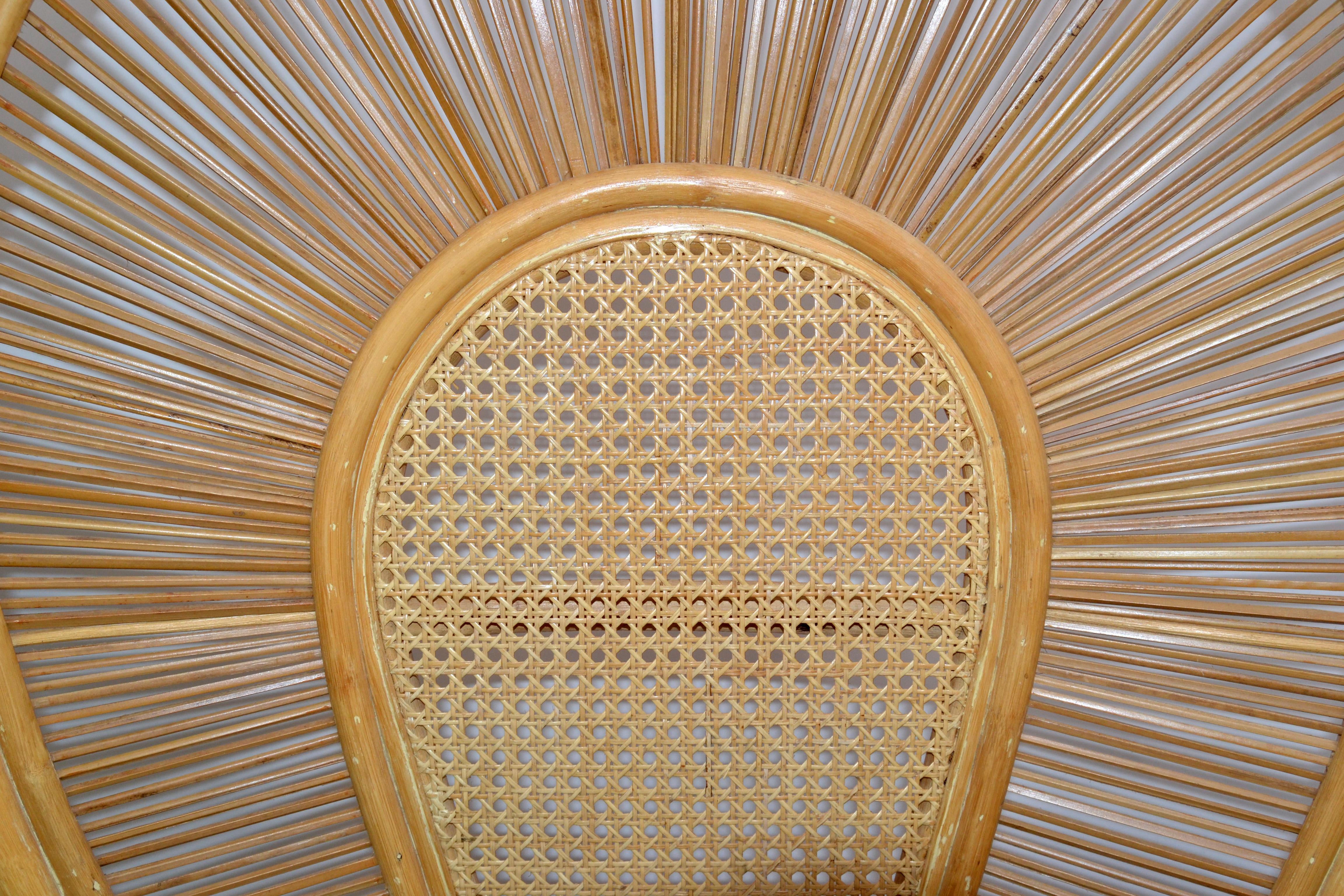 Bohemian Chic Cane, Rattan, Bamboo & Fabric Seat Peacock High Back Chair 1980s In Good Condition In Miami, FL