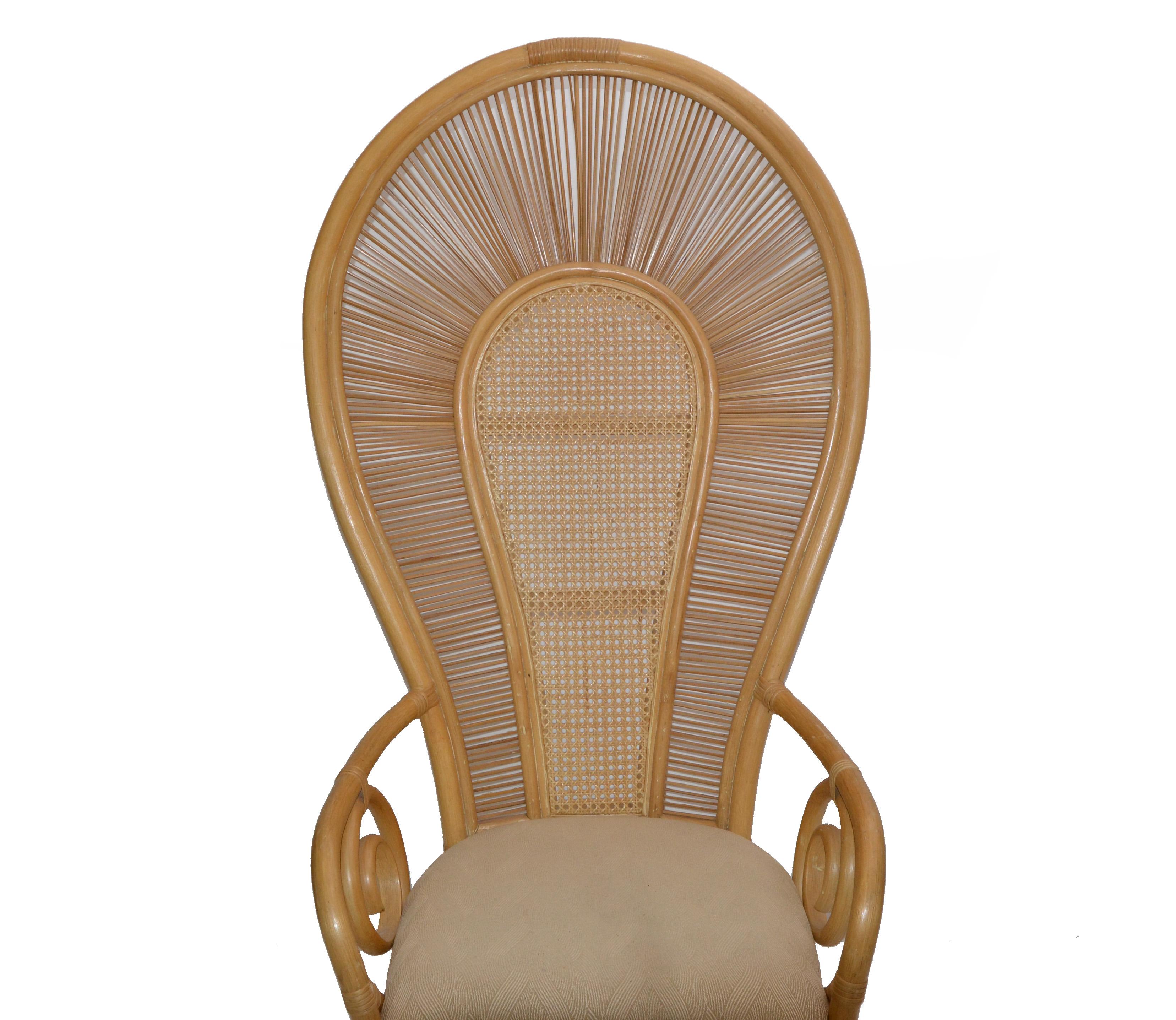 Late 20th Century Bohemian Chic Cane, Rattan, Bamboo & Fabric Seat Peacock High Back Chair 1980s