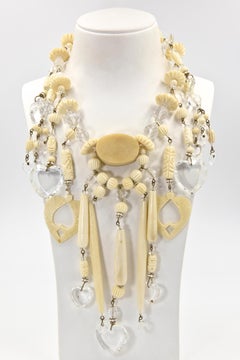 Bohemian Chic Carved Bone and Lucite Hearts Bib Necklace with Dangling Earrings