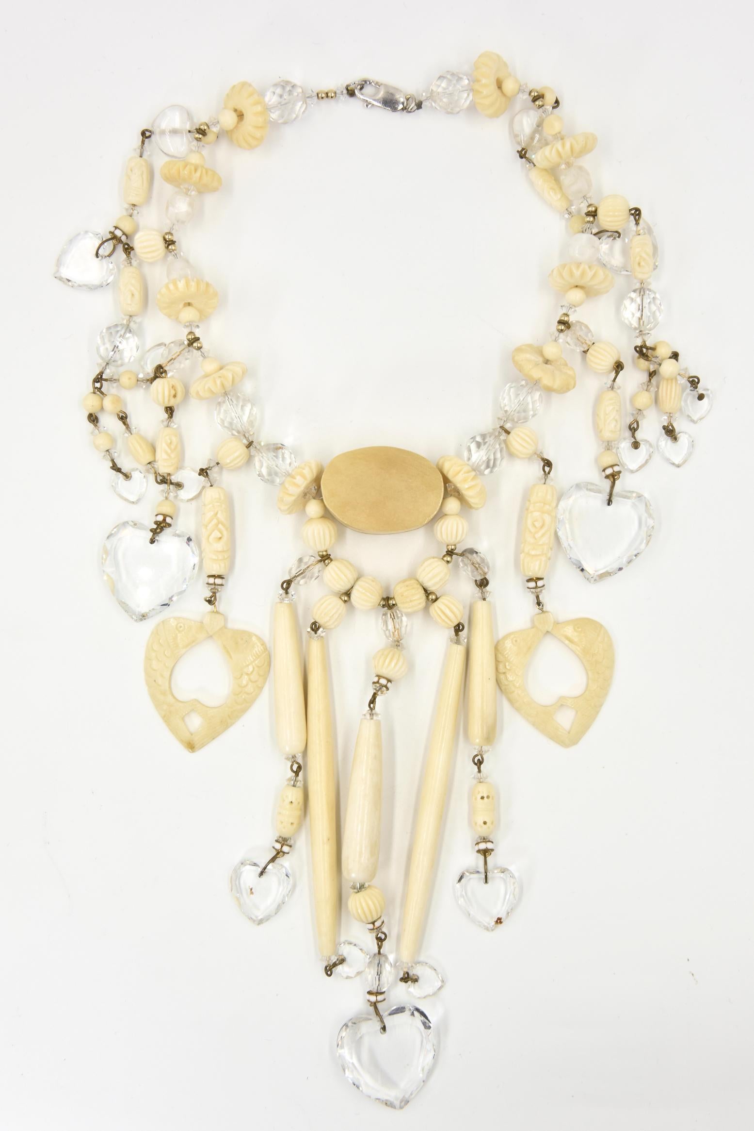 Women's Bohemian Chic Carved Bone and Lucite Hearts Bib Necklace with Dangling Earrings  For Sale