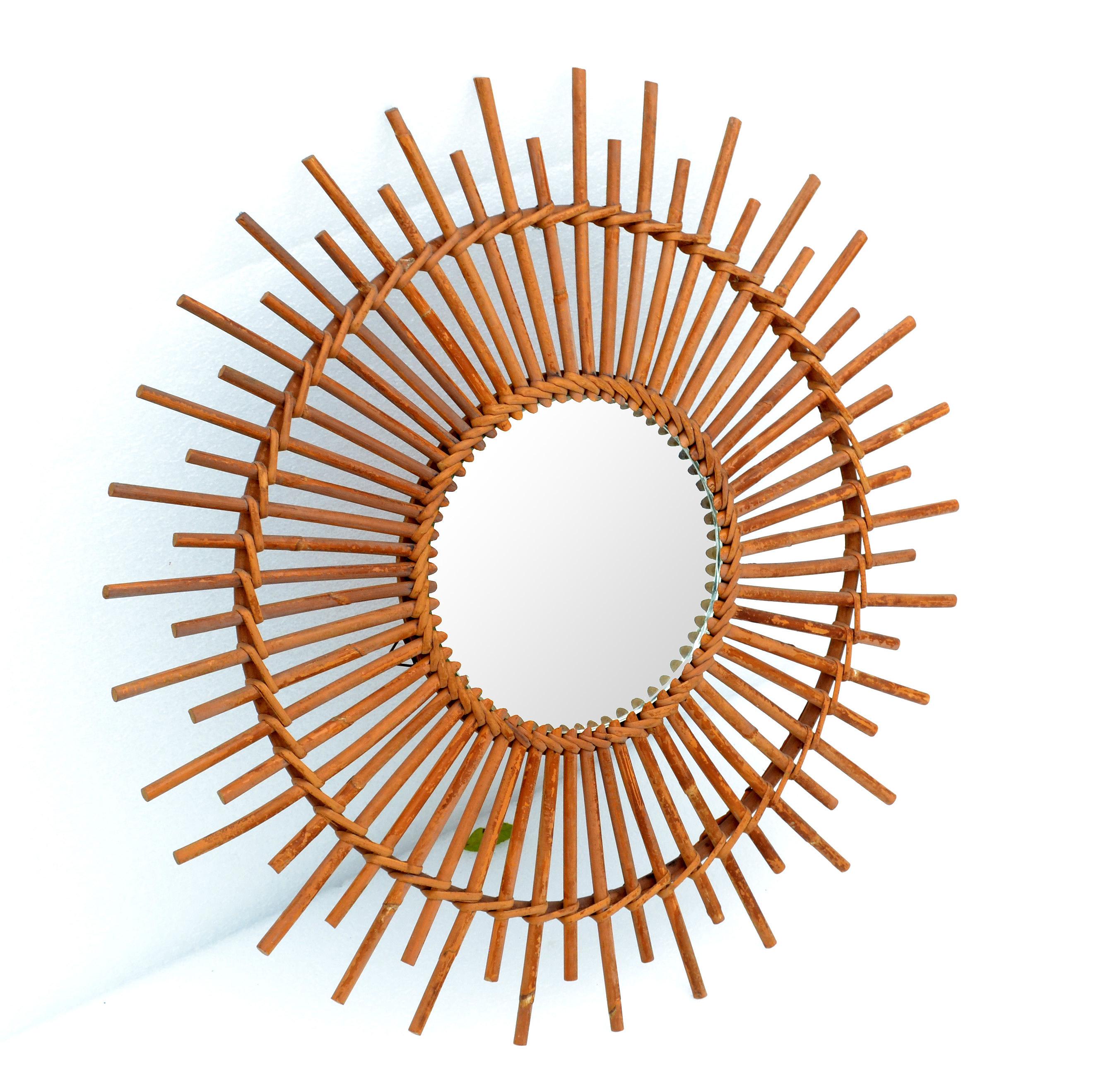 Bohemian Chic French Handcrafted Round Ficks Reed & Woven Wicker Wall Mirror In Good Condition In Miami, FL