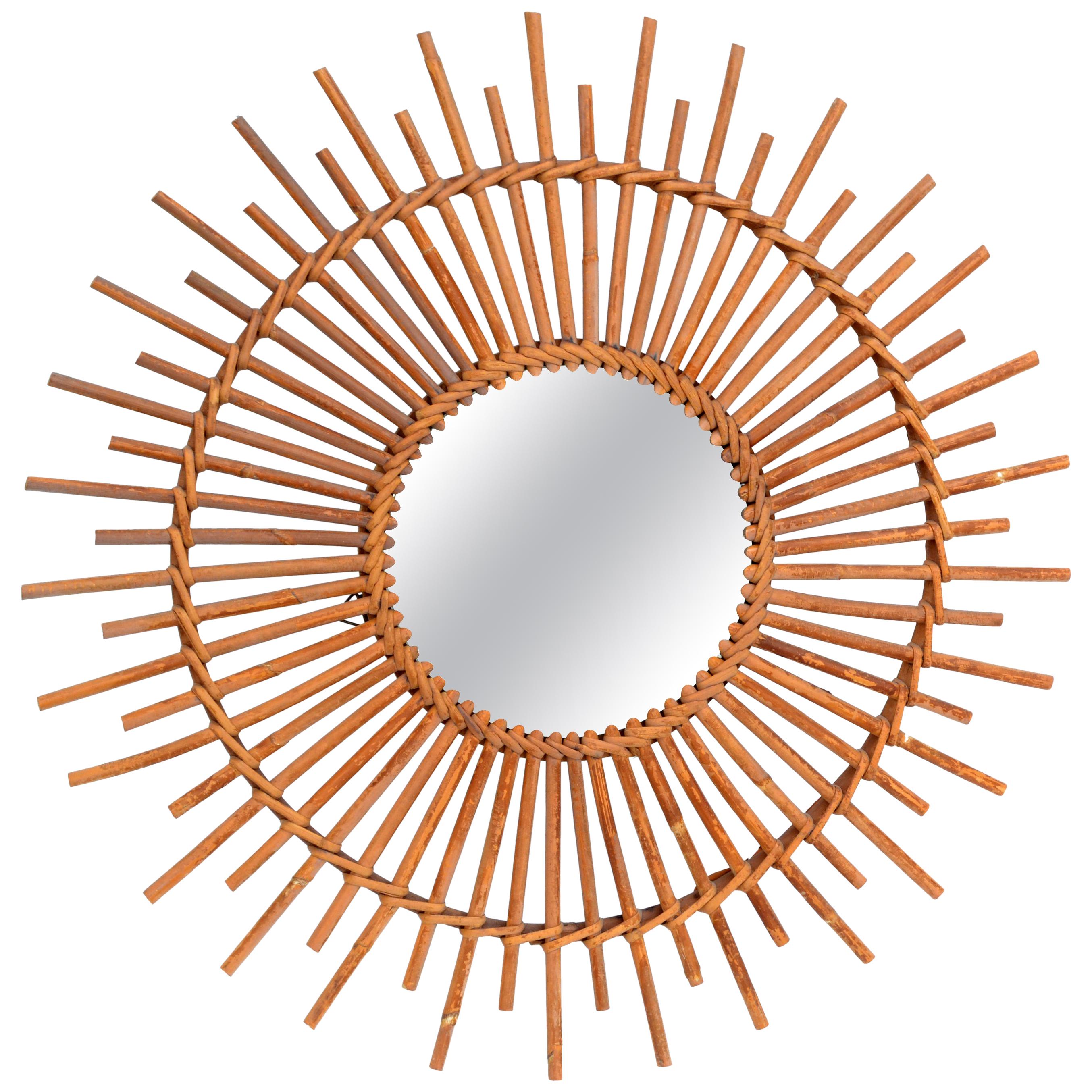 Bohemian Chic French Handcrafted Round Ficks Reed & Woven Wicker Wall Mirror