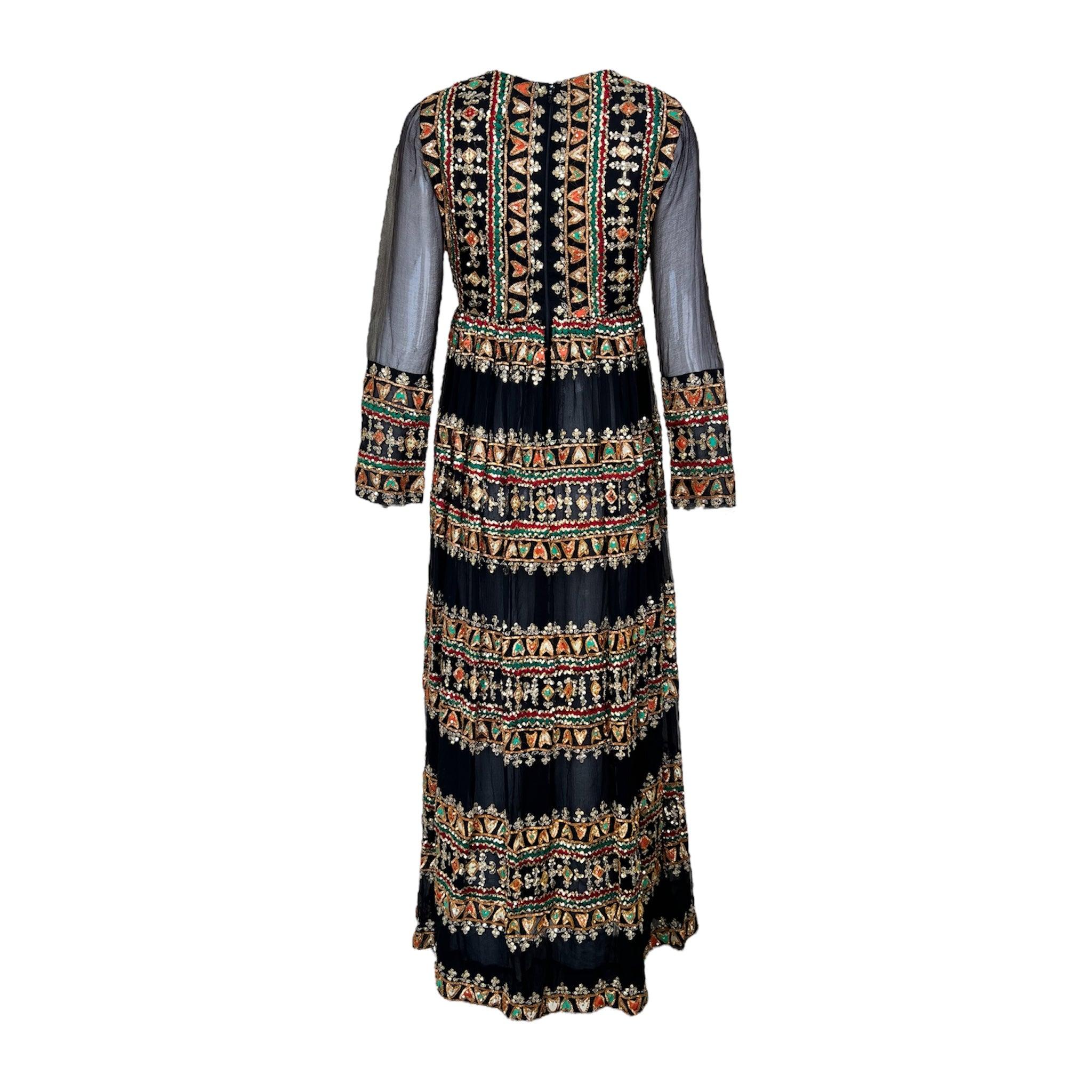 Bohemian Chic Indian Silk Black Embellished Dress, 1970s In Excellent Condition For Sale In Los Angeles, CA