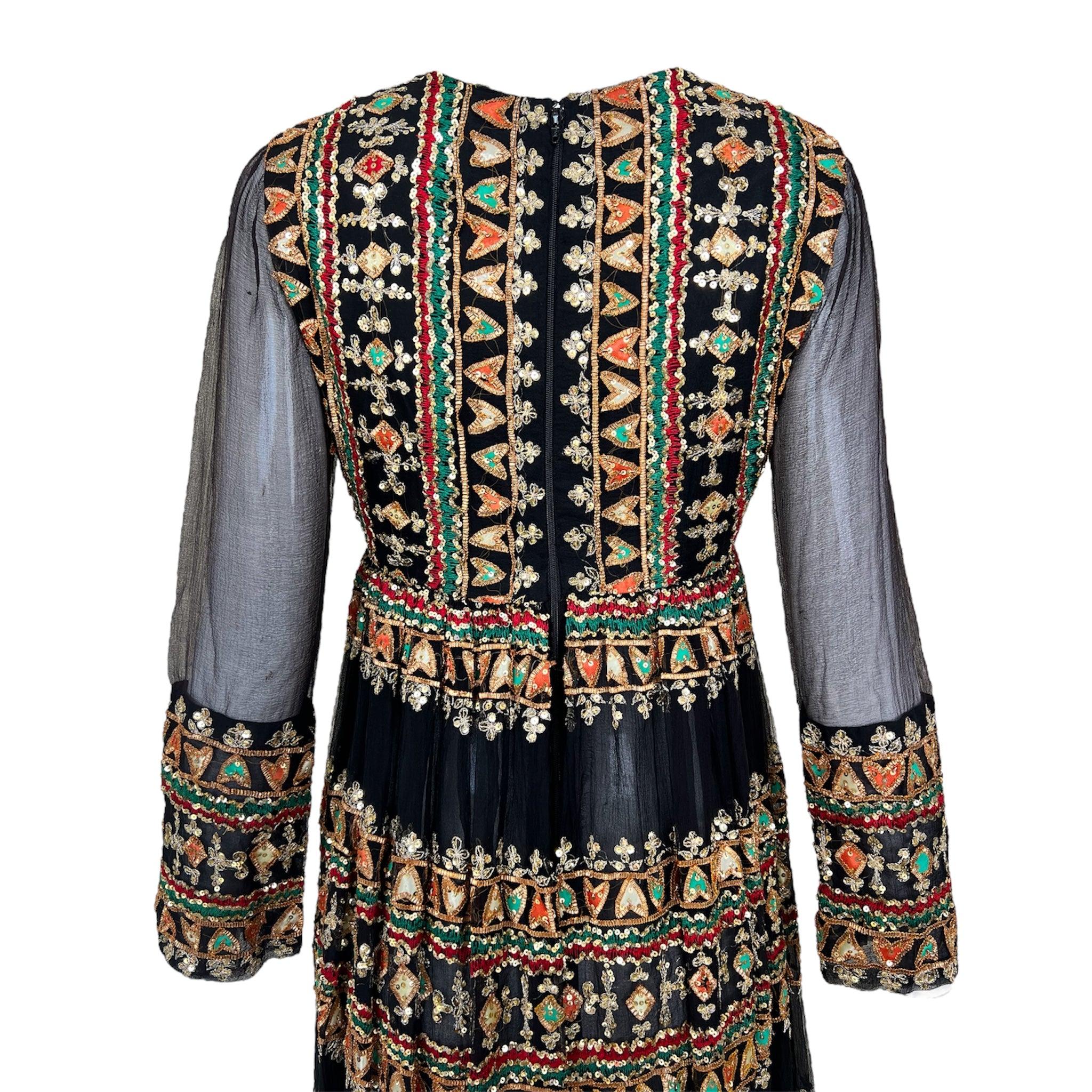 Women's Bohemian Chic Indian Silk Black Embellished Dress, 1970s For Sale