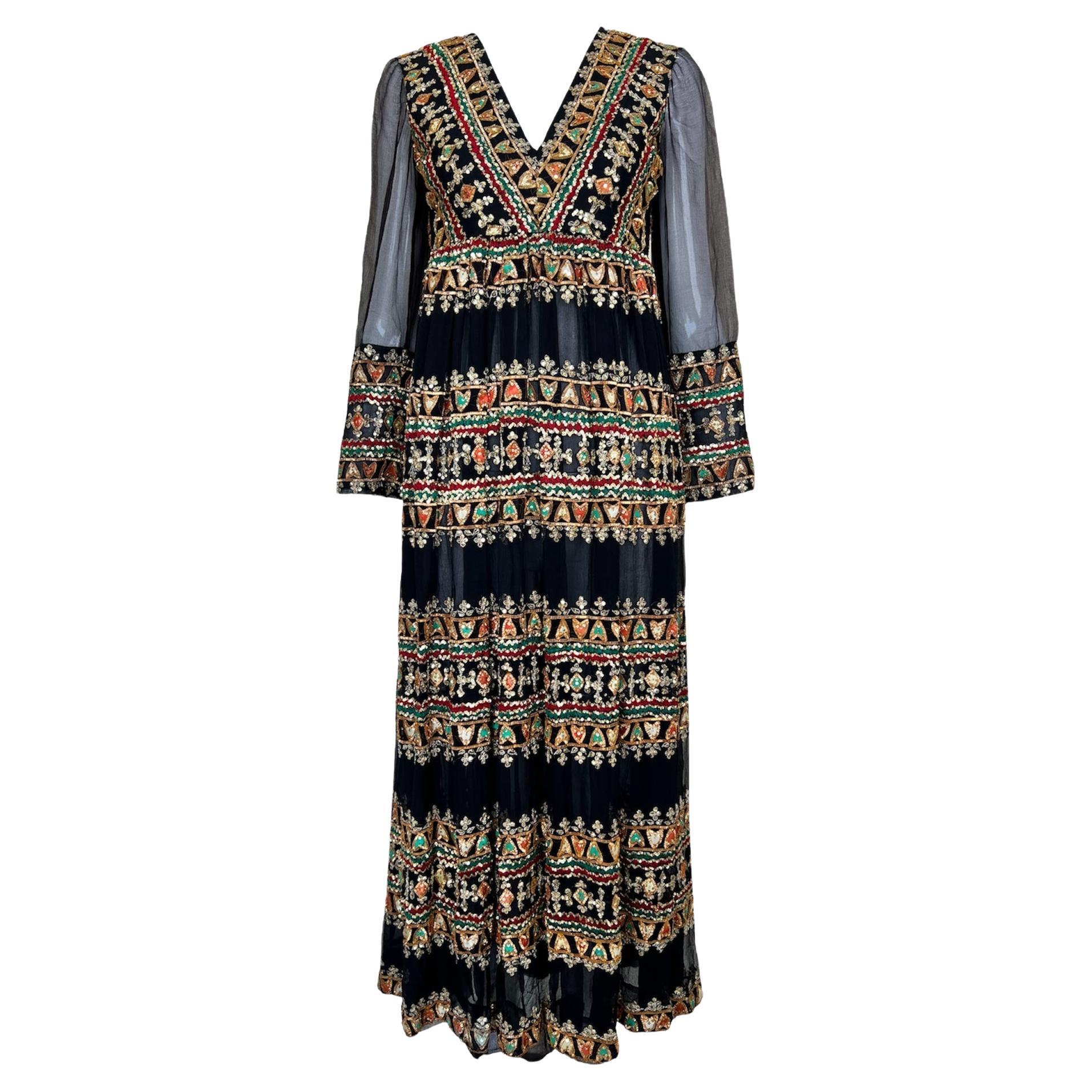 Bohemian Chic Indian Silk Black Embellished Dress, 1970s For Sale