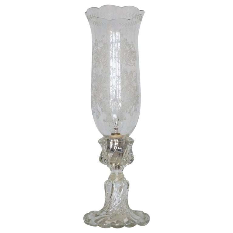 Bohemian Clear Crystal Table Lamp with Tall Etched Crystal Tulipe