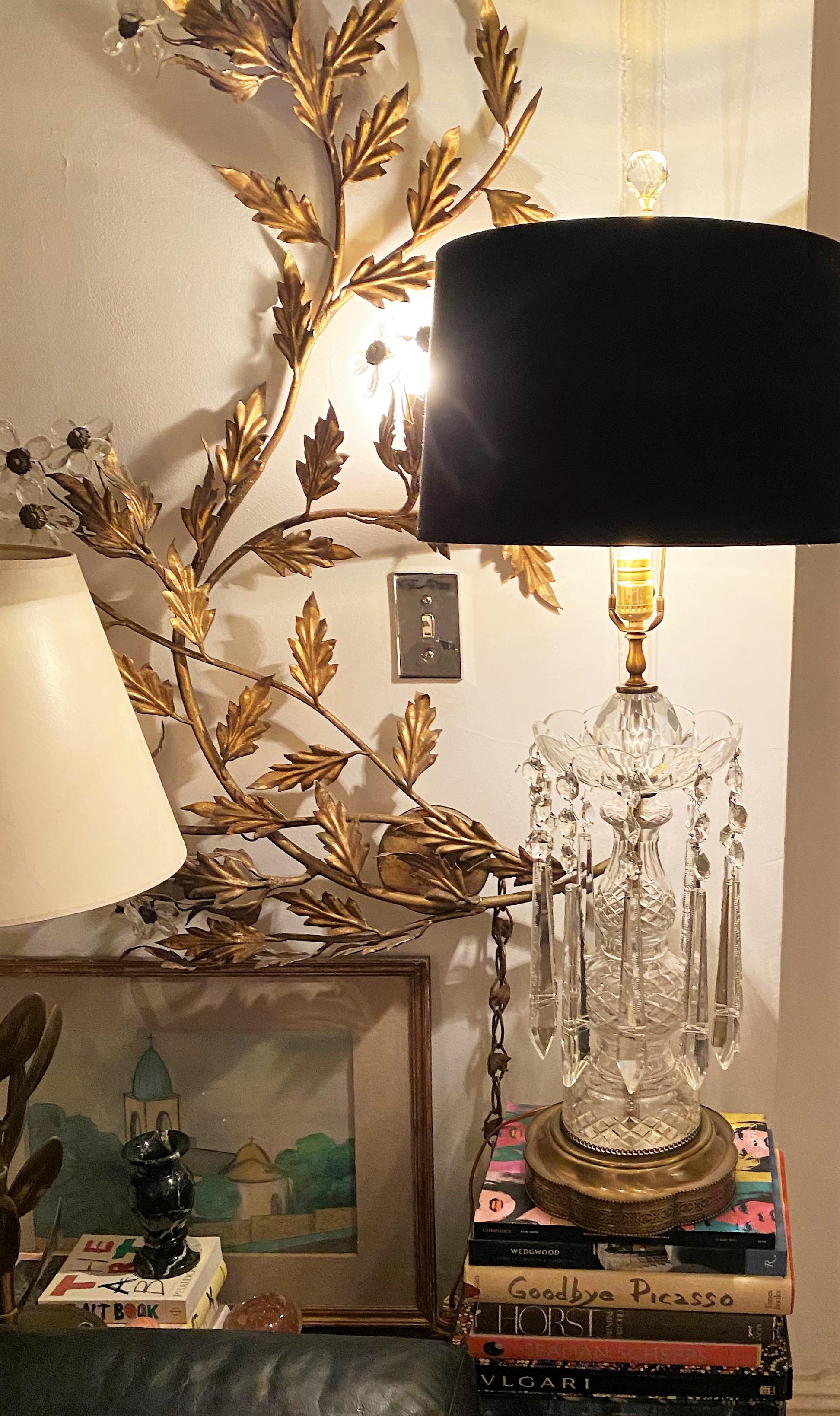 Bohemian Clear Cut Crystal Luster Girandole Table Lamp, Large w/Black Lampshade 7