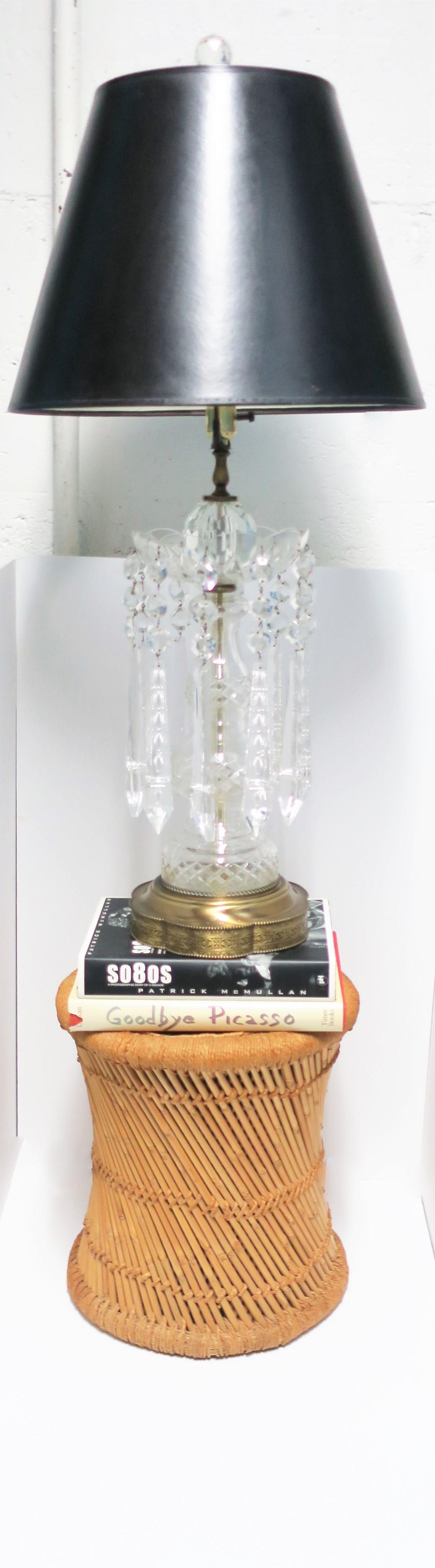 Bohemian Clear Cut Crystal Luster Girandole Table Lamp, Large w/Black Lampshade 6
