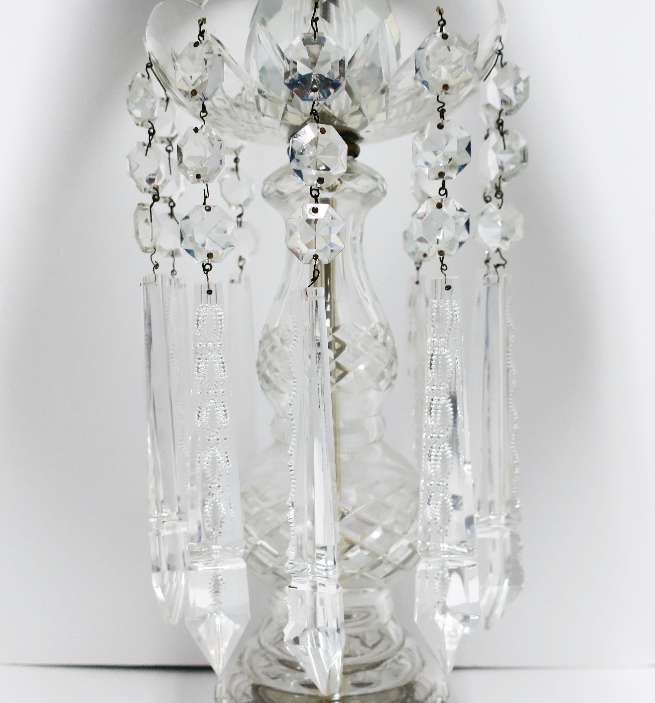 20th Century Bohemian Clear Cut Crystal Luster Girandole Table Lamp, Large w/Black Lampshade
