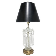 Bohemian Clear Cut Crystal Luster Girandole Table Lamp, Large w/Black Lampshade