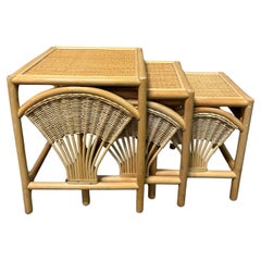 Bohemian Coastal Style Wheat Sheaf Rattan Nesting Tables. Circa 1980s 