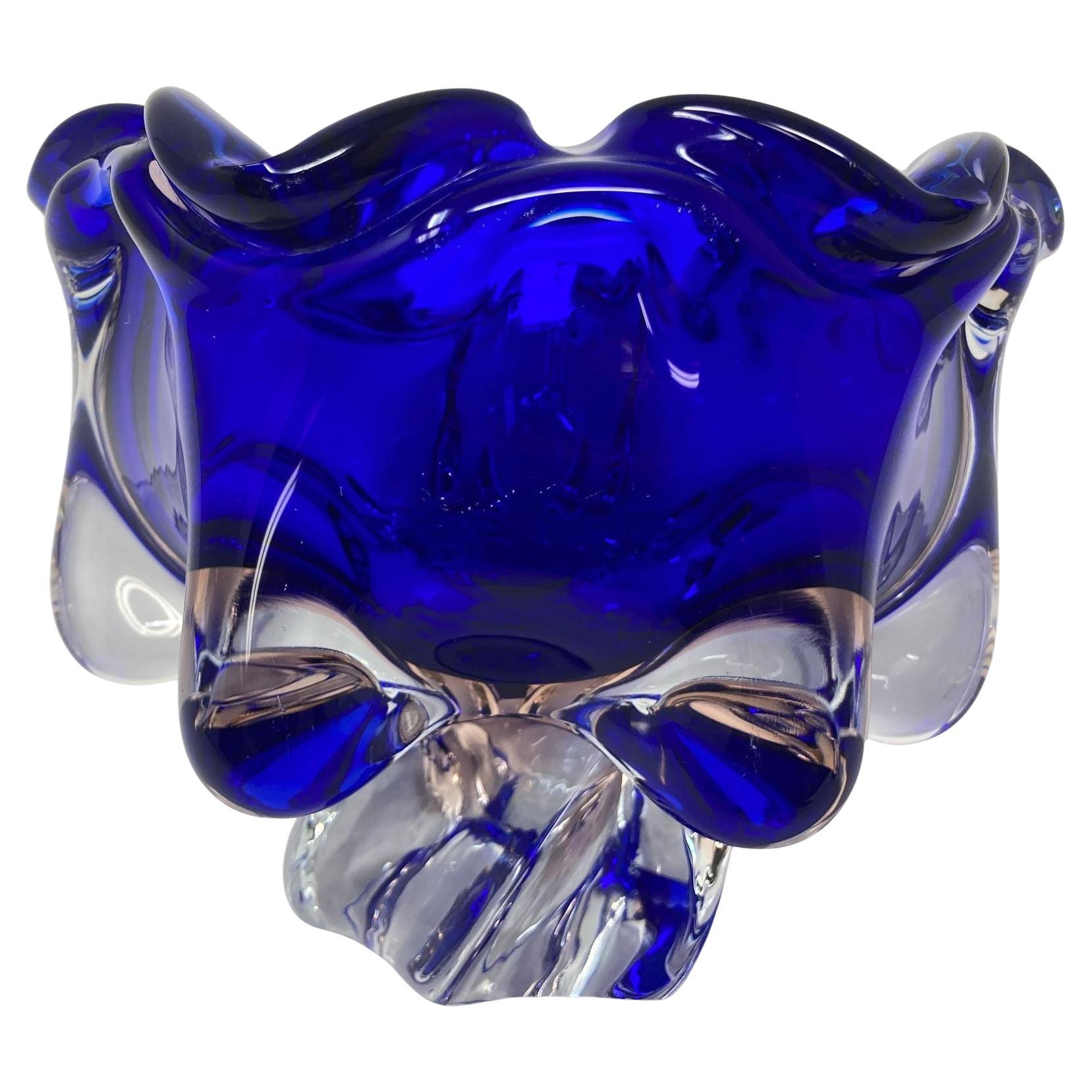 Bohemian Cobalt Blue Art Glass Bowl by Josef Hospodka 1960s