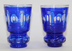 Bohemian Cobalt Blue Cut to Clear Glass Crystal Vases