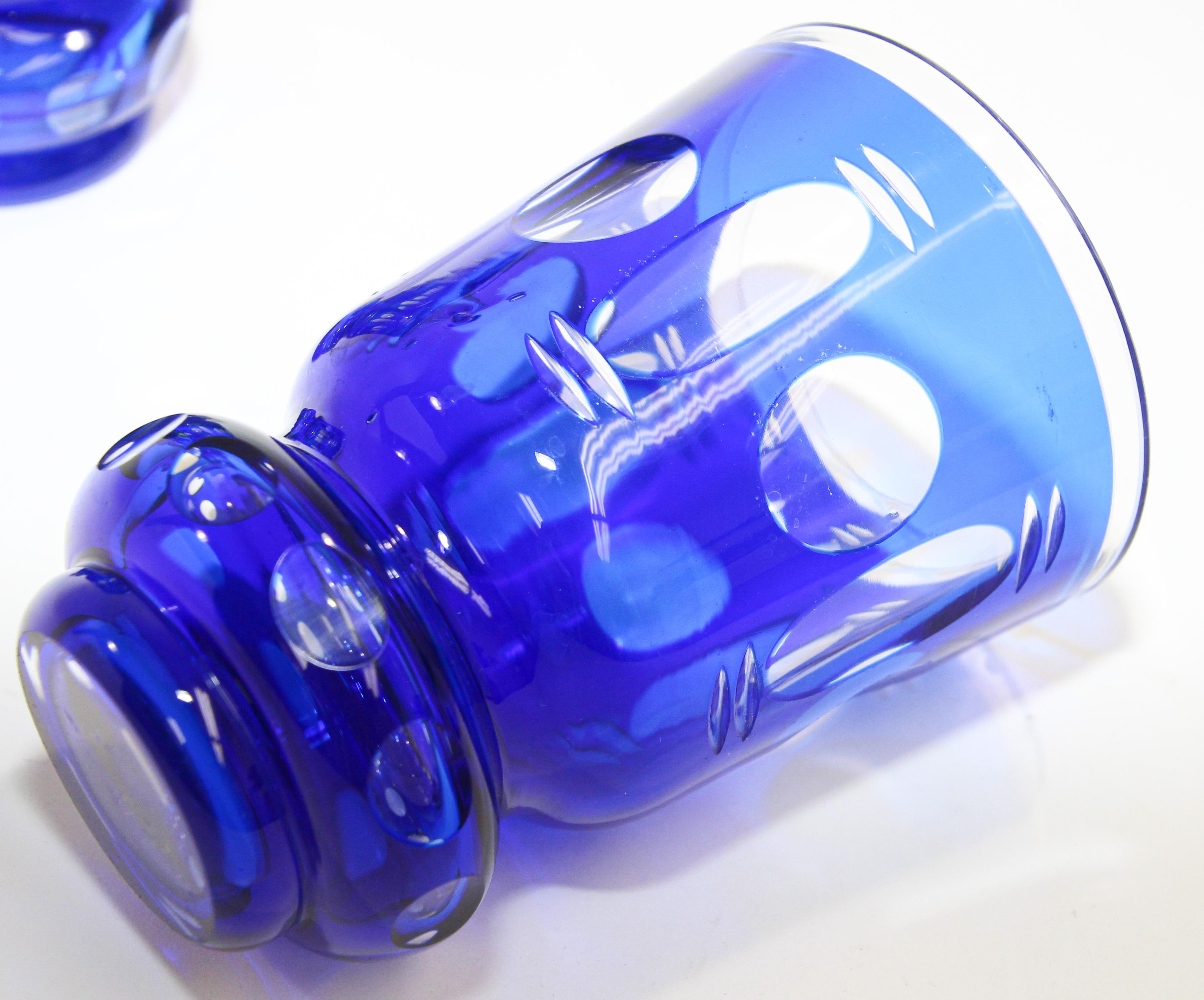 Czech Bohemian Cobalt Blue Cut to Clear Glass Crystal Vases