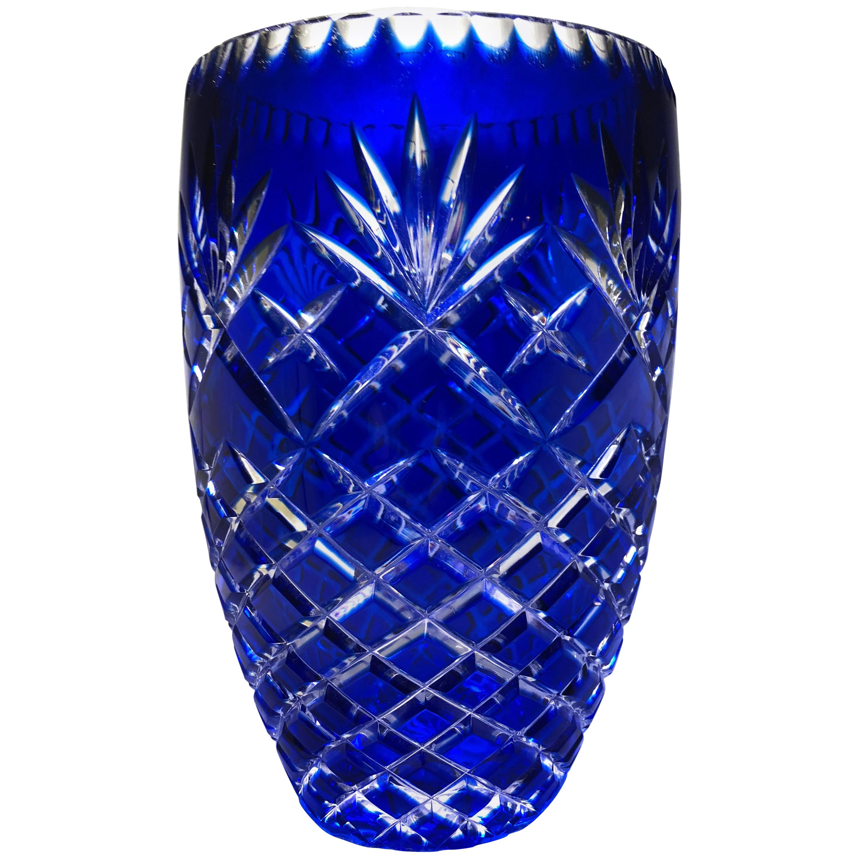 Bohemian Cobalt cut to Clear Vase