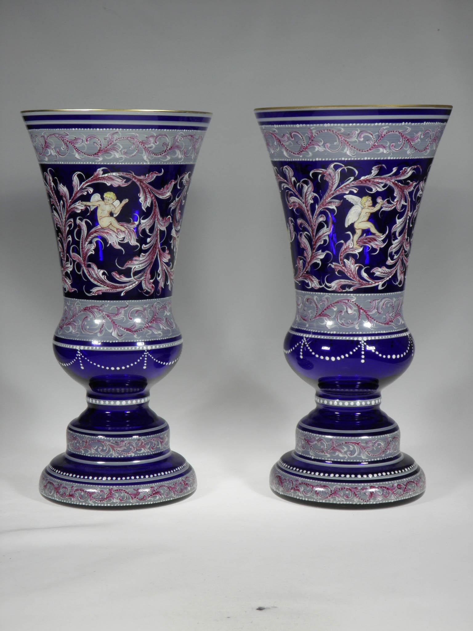 Bohemian cobalt set of vases from 20th-21st century with Amor motive.
Hand painted.