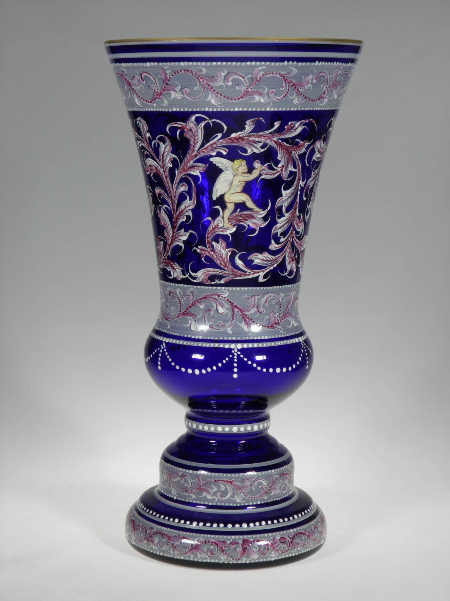 Czech Bohemian Cobalt Vases Amor Motive 20th-21st Century