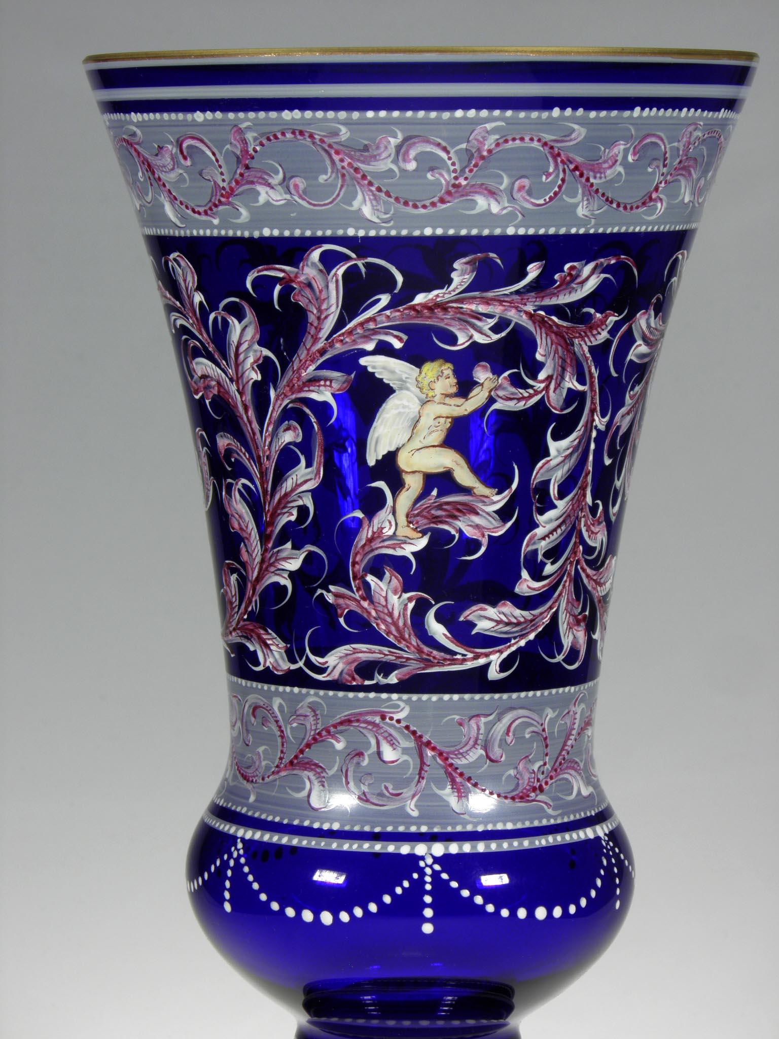 Hand-Painted Bohemian Cobalt Vases Amor Motive 20th-21st Century