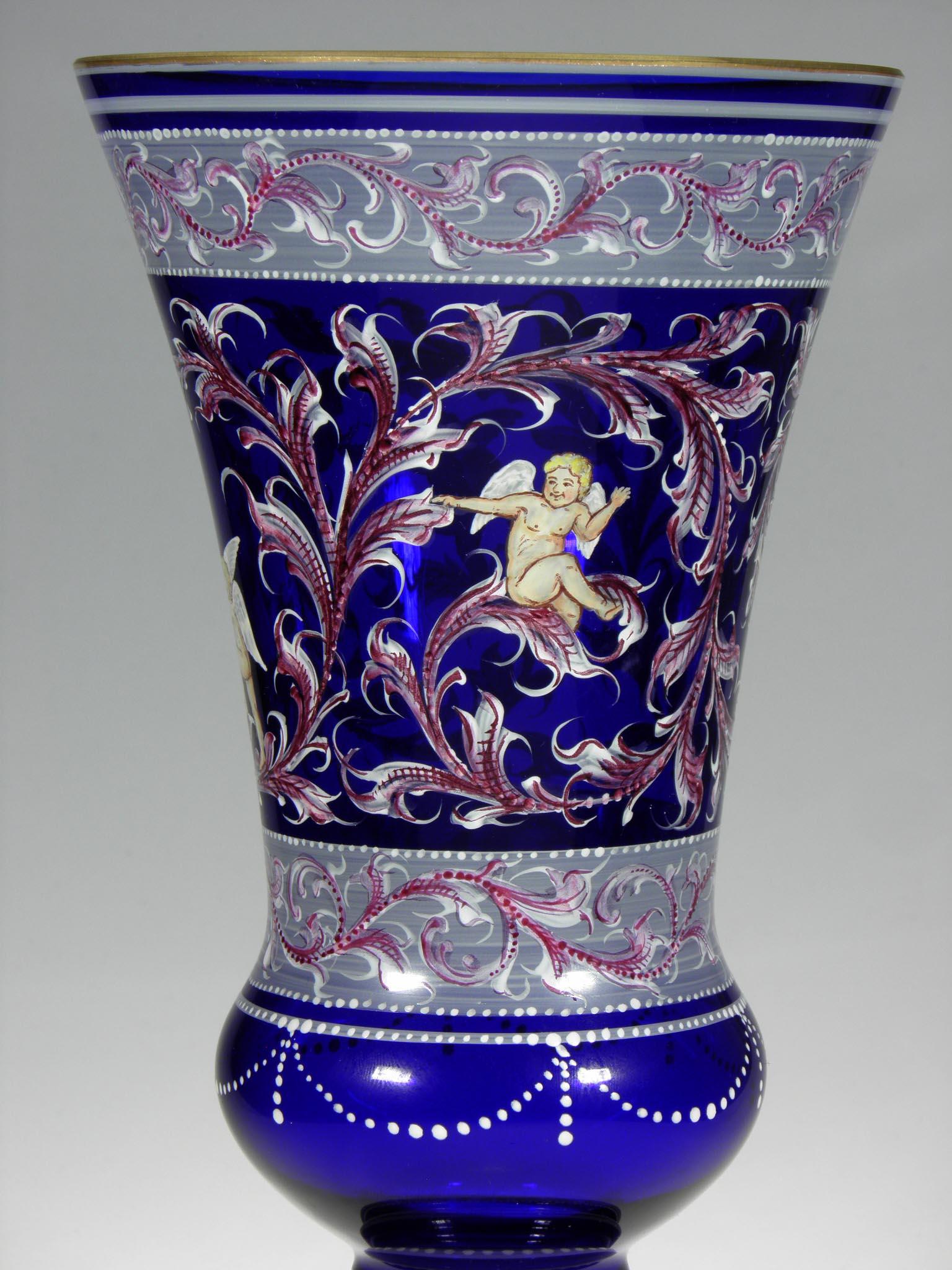 20th Century Bohemian Cobalt Vases Amor Motive 20th-21st Century