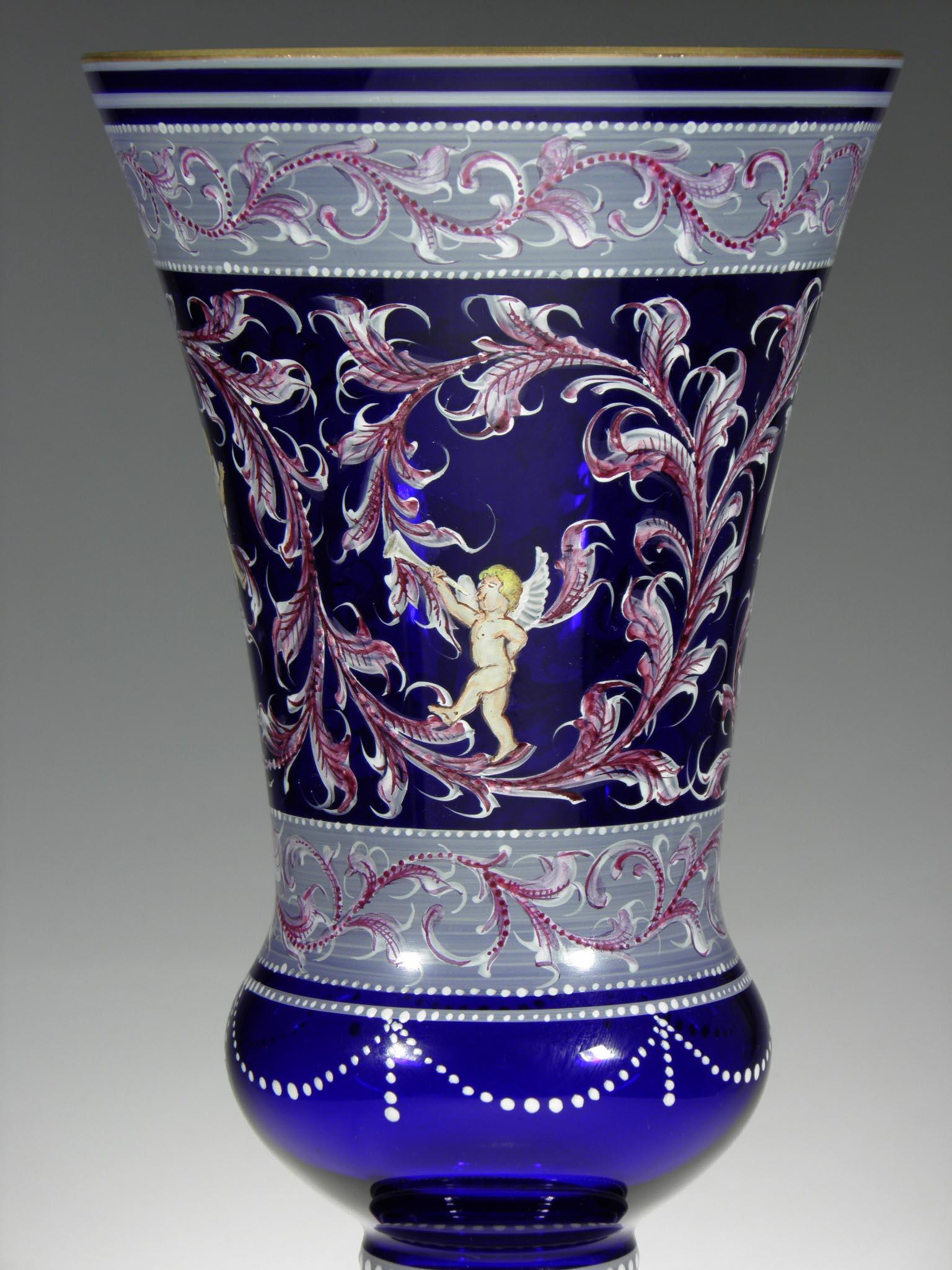 Glass Bohemian Cobalt Vases Amor Motive 20th-21st Century
