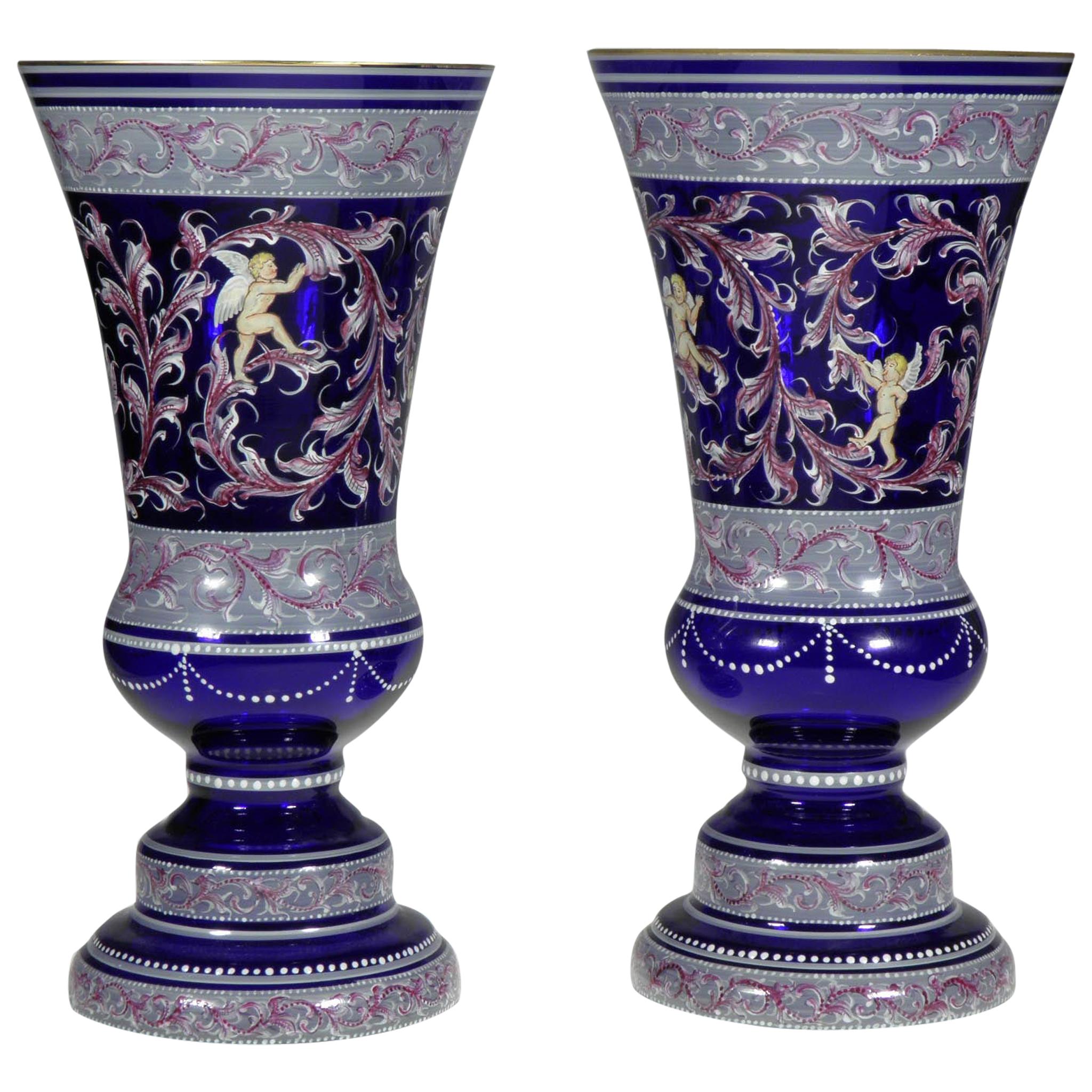 Bohemian Cobalt Vases Amor Motive 20th-21st Century