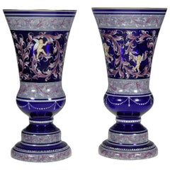 Bohemian Cobalt Vases Amor Motive 20th-21st Century