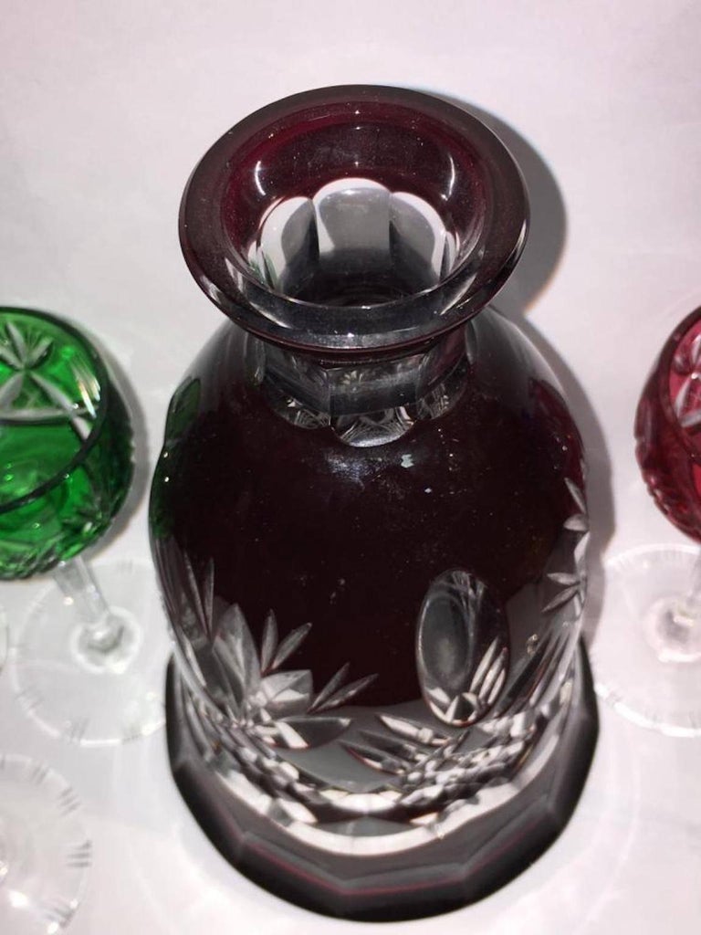Bohemian Colored Cut to Clear Decanter Set For Sale 6