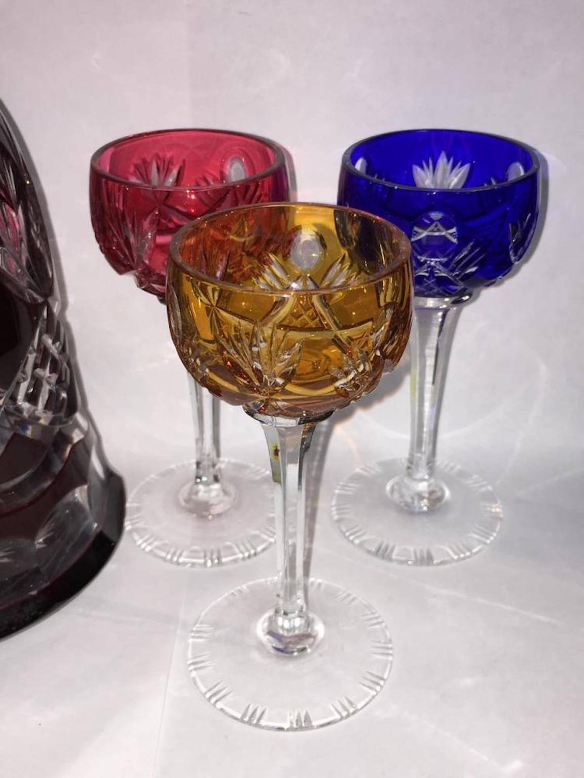 Glass Bohemian Colored Cut to Clear Decanter Set For Sale