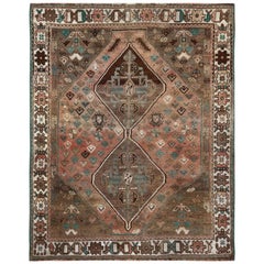 Bohemian Coral Color Persian Shiraz Handmade Old Sheared Low Wool Abrash Rug