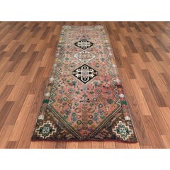 Bohemian Coral Color Persian Shiraz Vintage Worn Down Handmade Wool Runner Rug