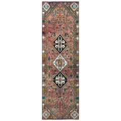 Bohemian Coral Color Persian Shiraz Vintage Worn Down Handmade Wool Runner Rug