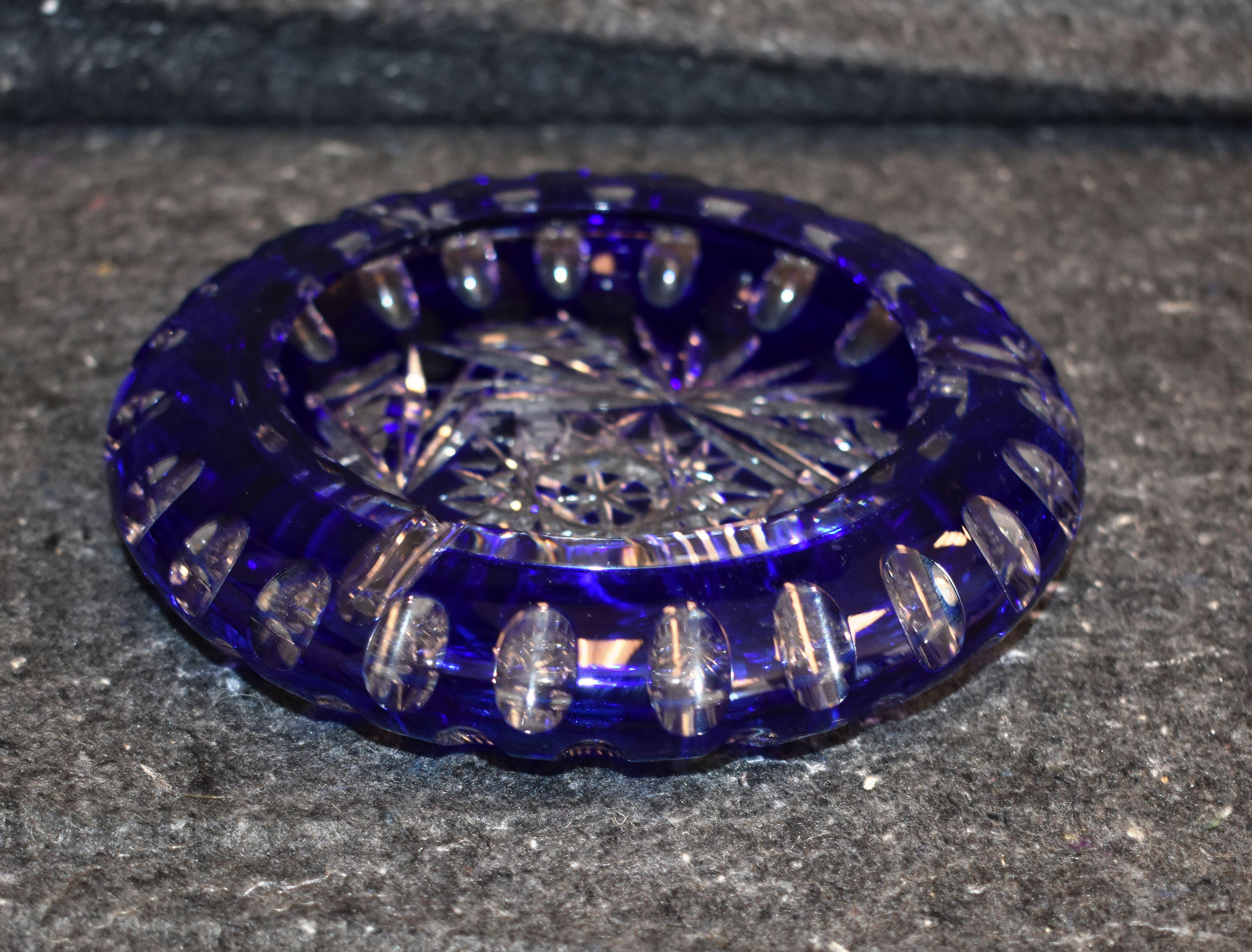 Czech or bohemian cut glass ashtray was made from heavy double layer cobalt blue glass and clear glass.