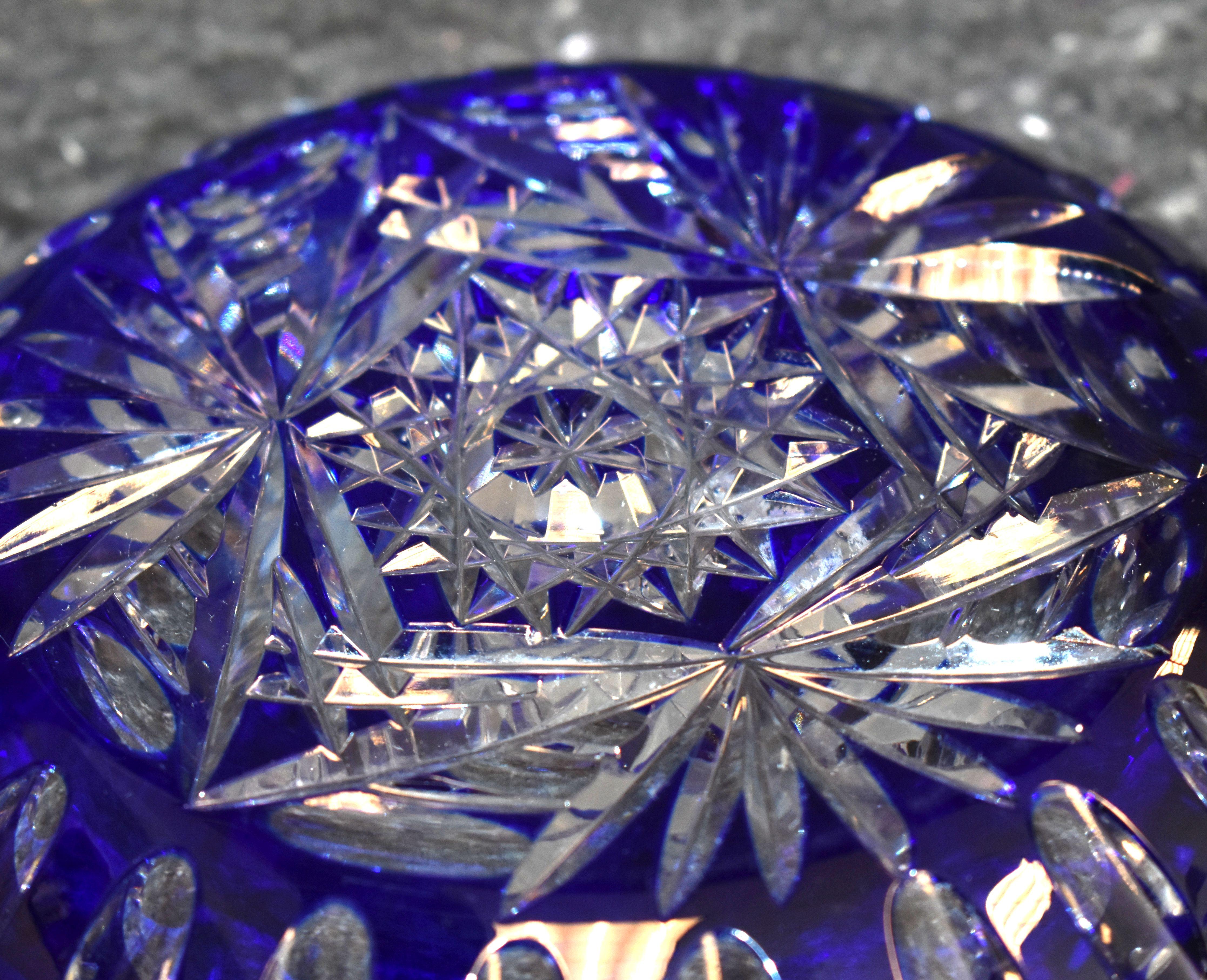 Czech Bohemian Crystal Blue Cut to Clear Ashtray Bowl