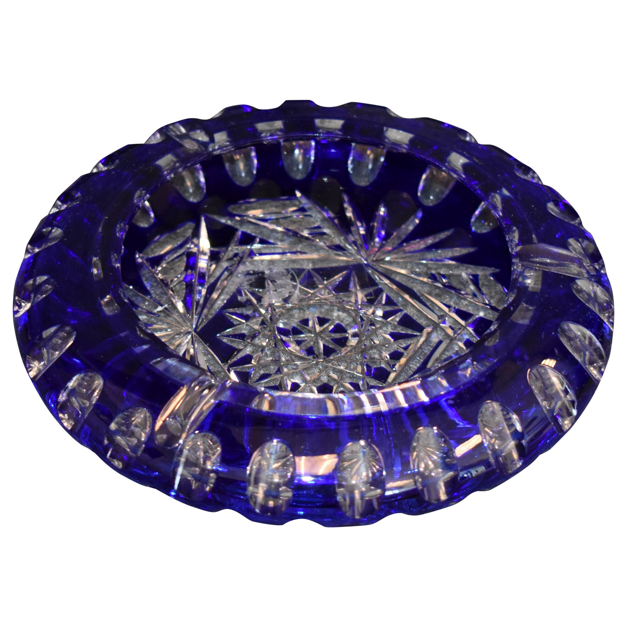 Bohemian Crystal Blue Cut to Clear Ashtray Bowl