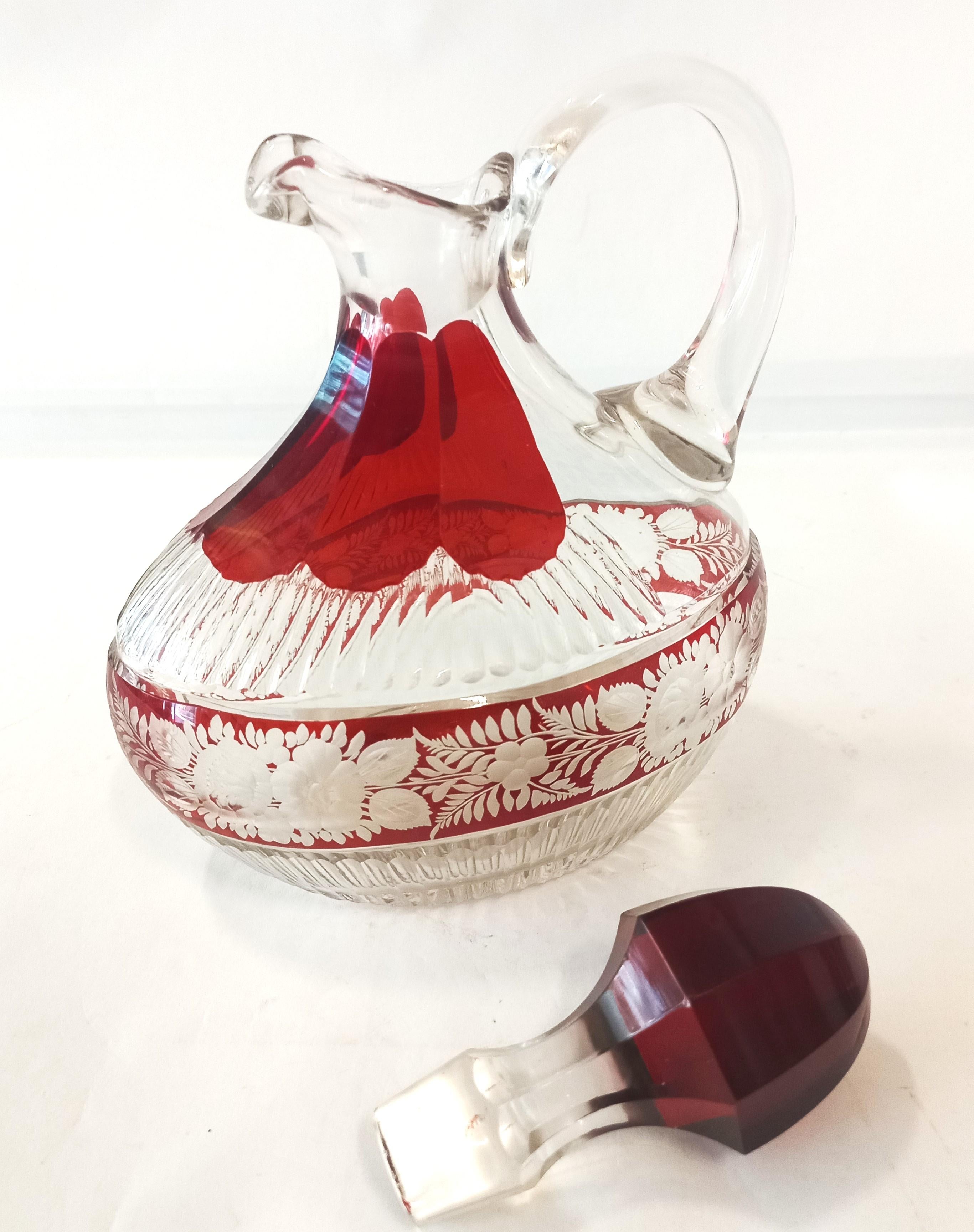 Hand Cut Bohemian Glass Ruby Red Mouth Blown Crystal Glass Carafe