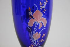 Bohemian Crystal Cobalt Blue Vase with Hand-Painted Floral and Gold Details