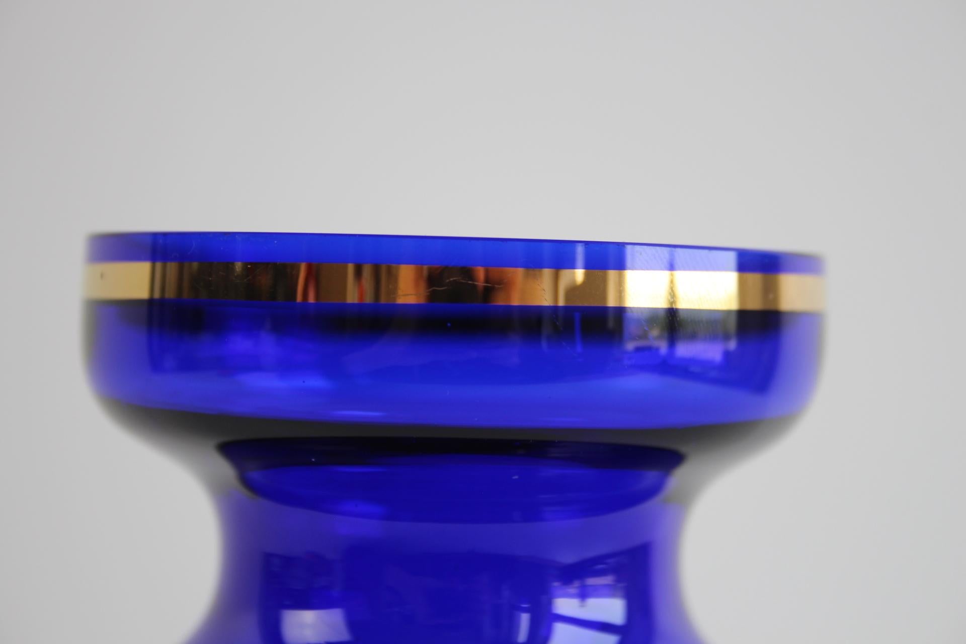 Czech Bohemian Crystal Cobalt Blue Vase with Hand-Painted Floral and Gold Details For Sale