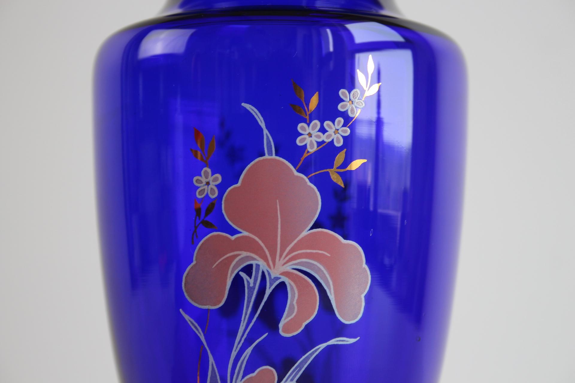 Glass Bohemian Crystal Cobalt Blue Vase with Hand-Painted Floral and Gold Details For Sale