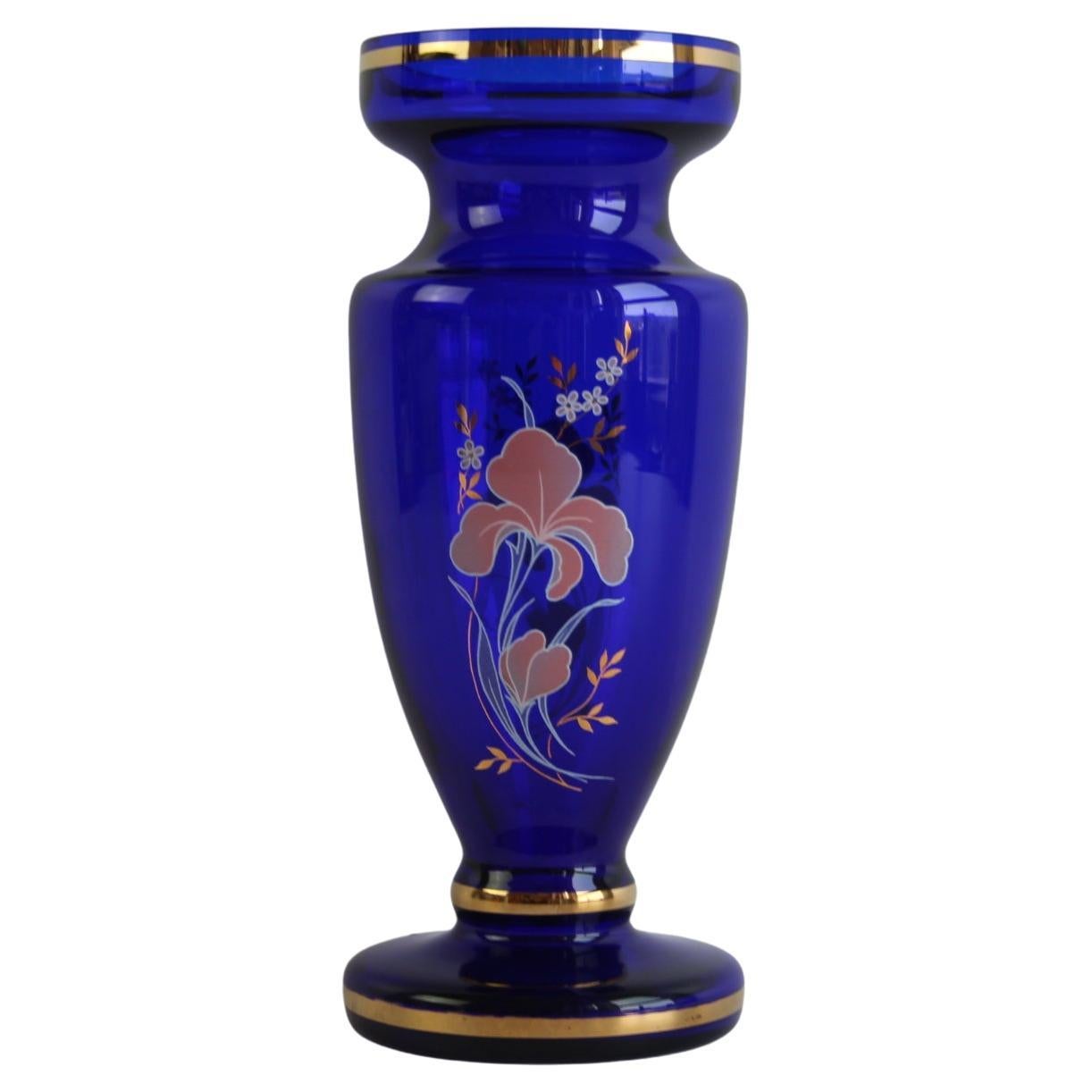 Bohemian Crystal Cobalt Blue Vase with Hand-Painted Floral and Gold Details For Sale