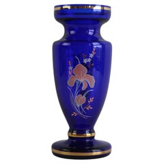 Bohemian Crystal Cobalt Blue Vase with Hand-Painted Floral and Gold Details